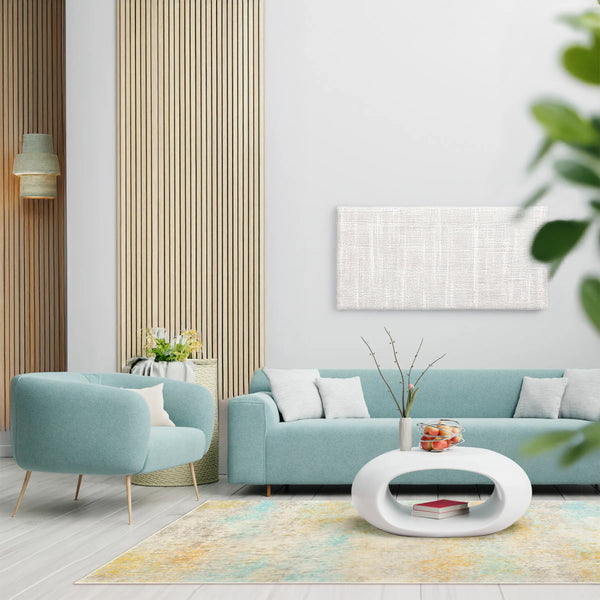 Tappeto Fioralys bouclé 3D 200×290 cm in un soggiorno moderno, sfumature avorio, sabbia e turchese.