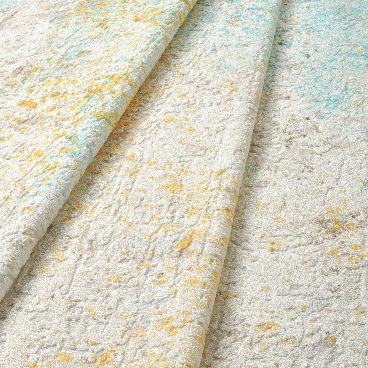 Dettaglio ondulato del tappeto Fioralys bouclé 3D con sfumature avorio, sabbia e turchese in rilievo.