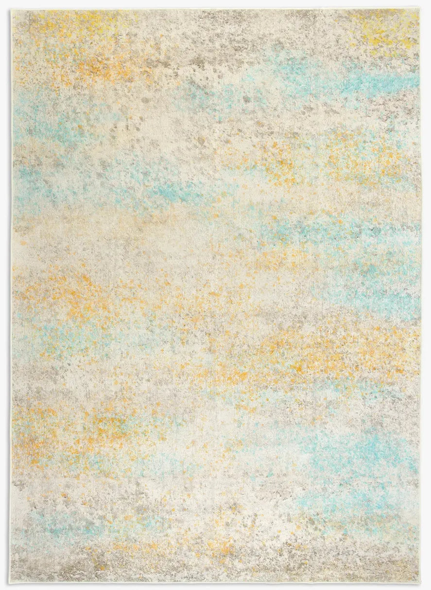 Tappeto Fioralys bouclé 3D 200×290 cm con sfumature avorio, sabbia, grigio chiaro, senape e turchese visto dall’alto.