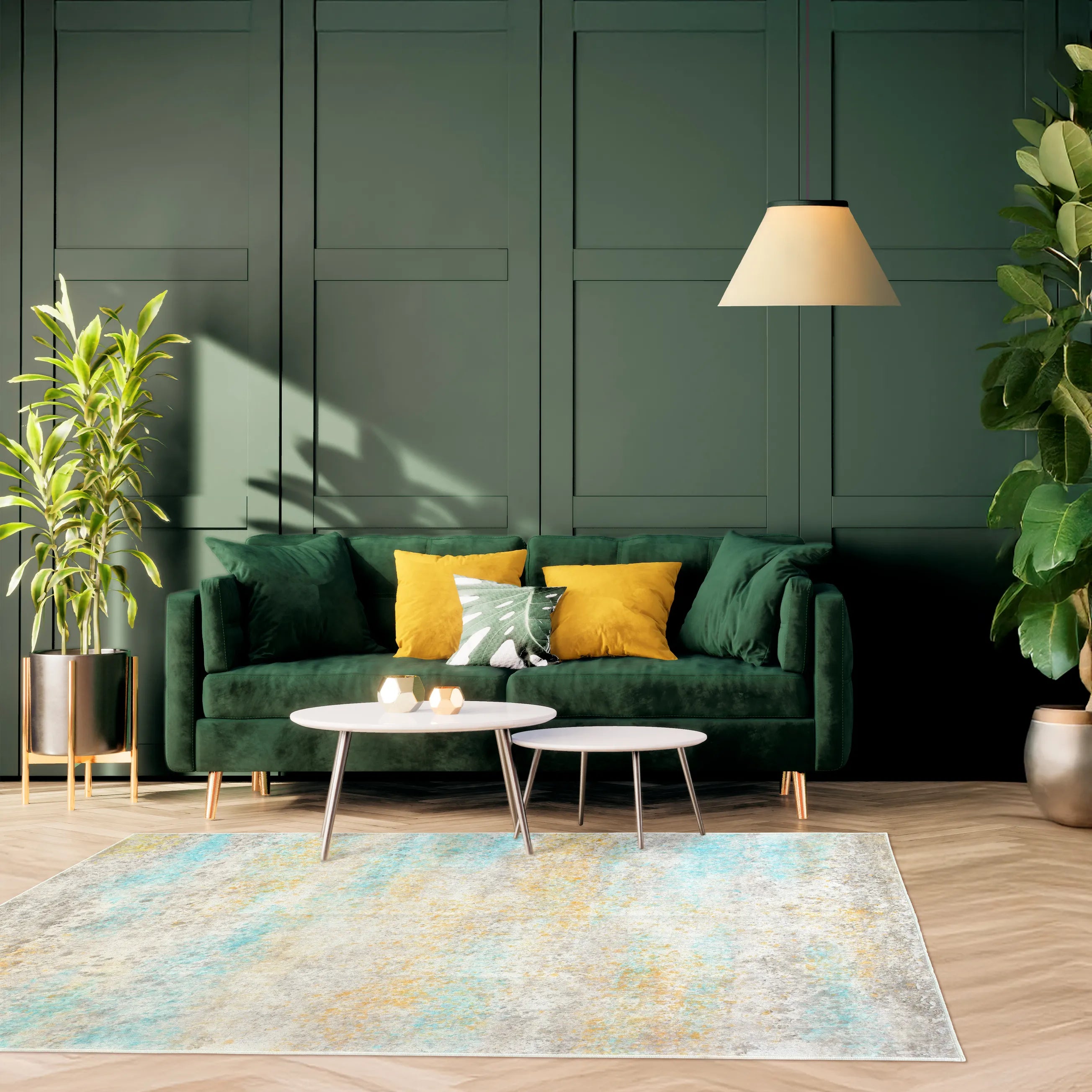 Tappeto Fioralys bouclé 3D 160×230 cm posato in un living luminoso, palette avorio e turchese.