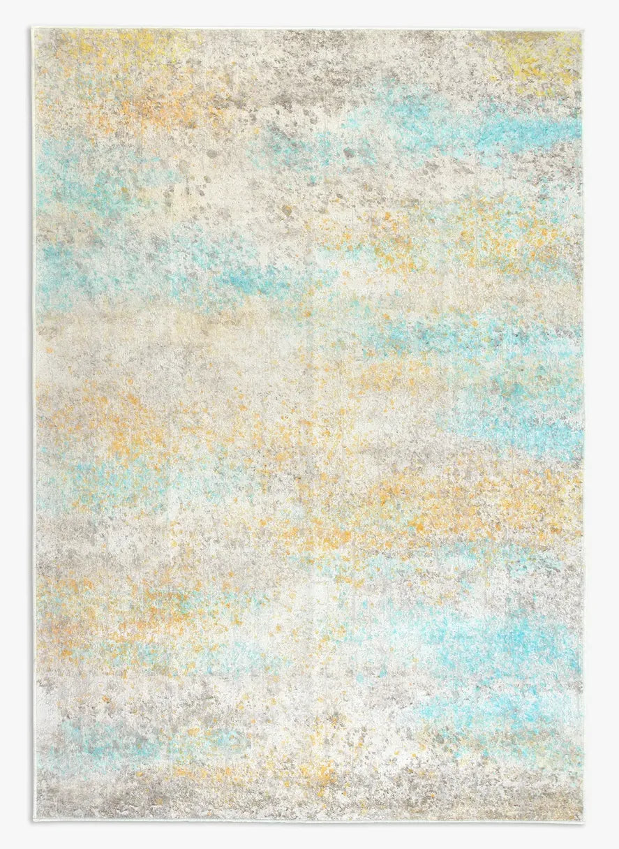 Tappeto Fioralys bouclé 3D 160×230 cm con sfumature avorio, sabbia, grigio chiaro, senape e turchese visto dall’alto.