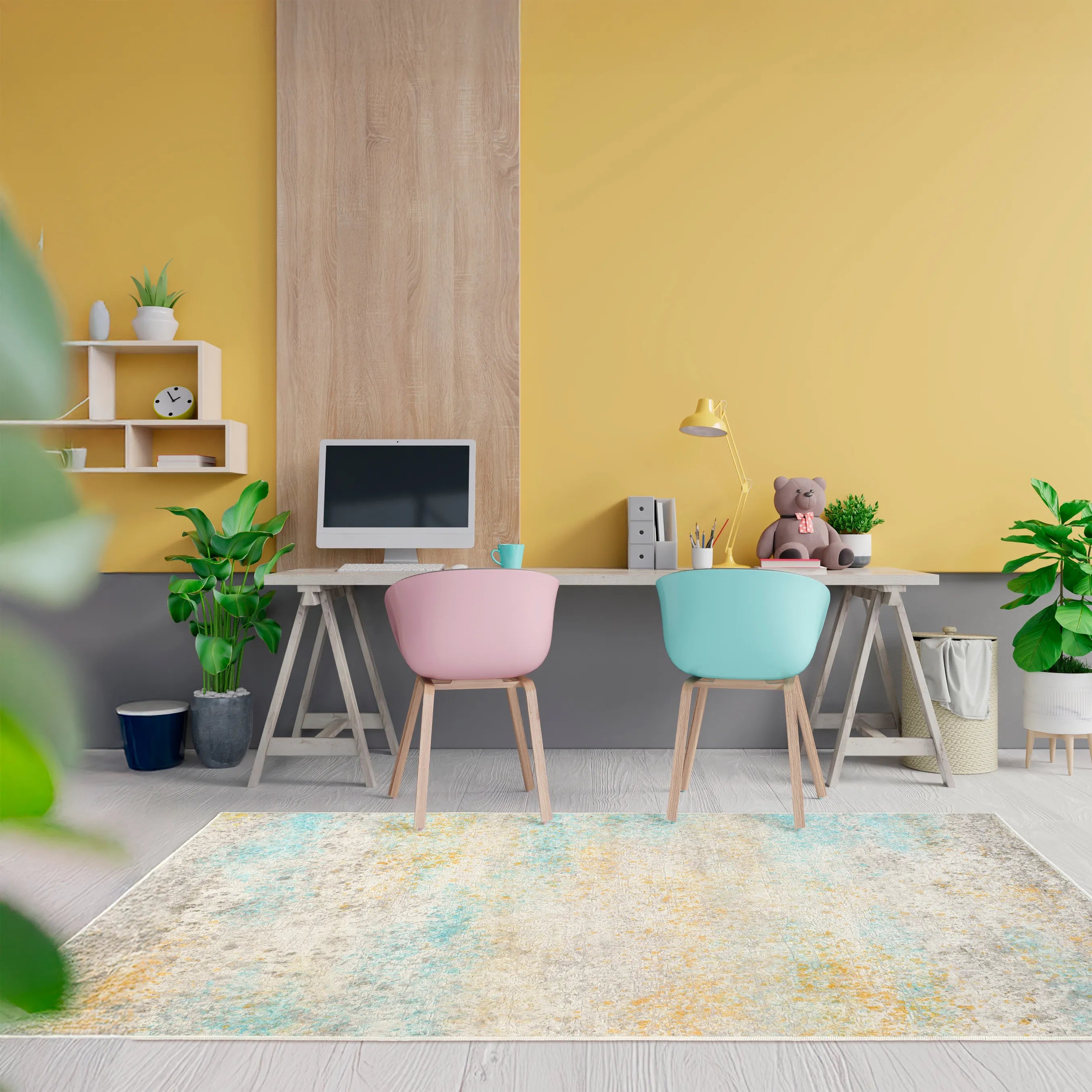 Tappeto Fioralys bouclé 3D 130×190 cm in ambiente moderno, toni avorio e sabbia con accenti turchesi.