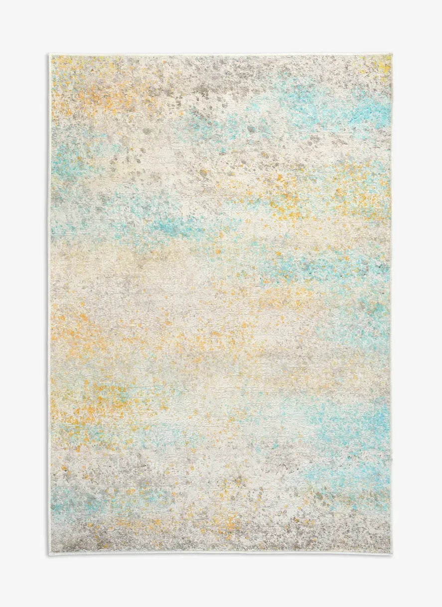 Tappeto Fioralys bouclé 3D 130×190 cm con sfumature avorio, sabbia, grigio chiaro, senape e turchese visto dall’alto.