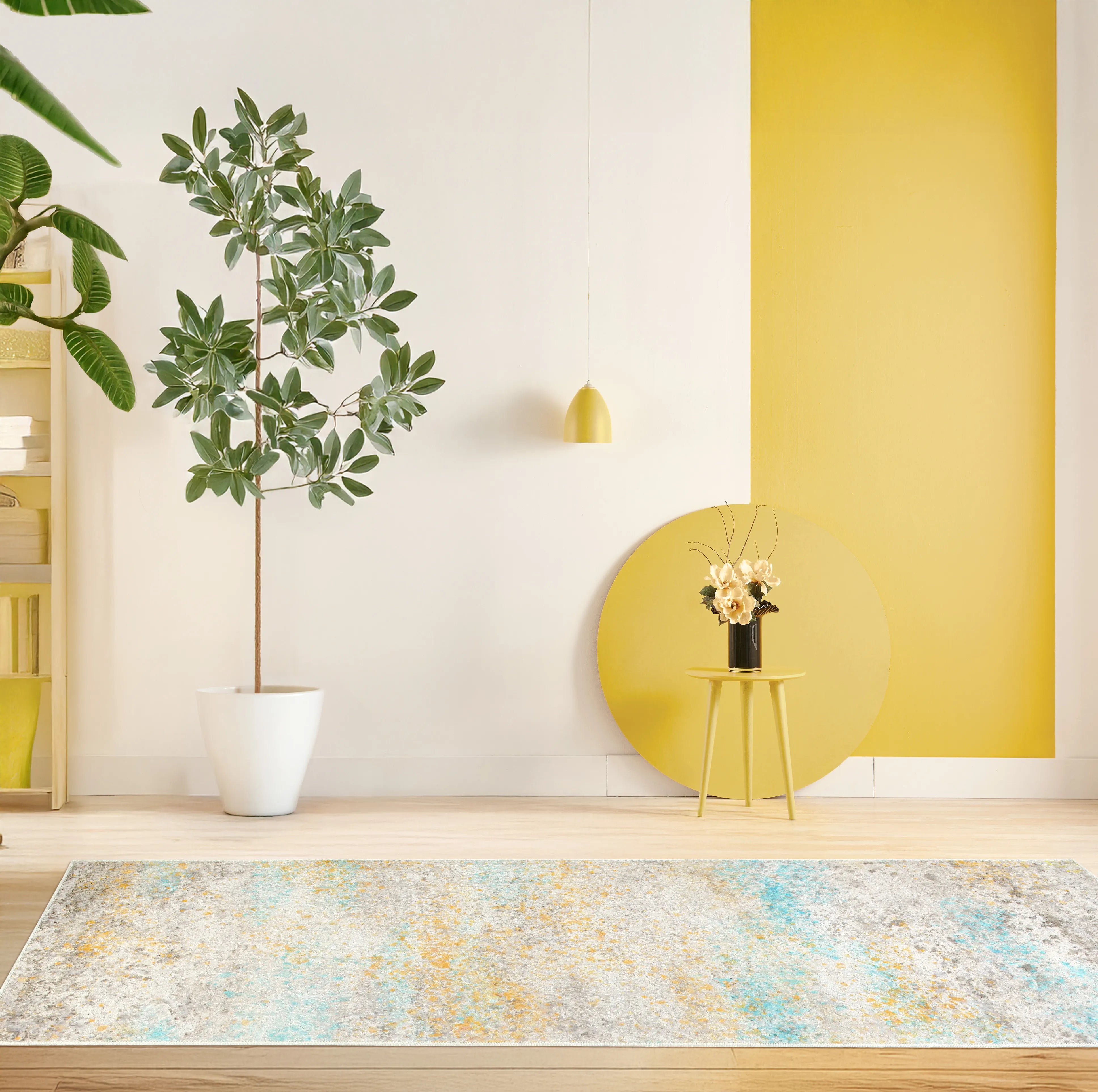 Tappeto Fioralys bouclé 3D 80×250 cm in corridoio moderno, sfumature leggere avorio e turchese.