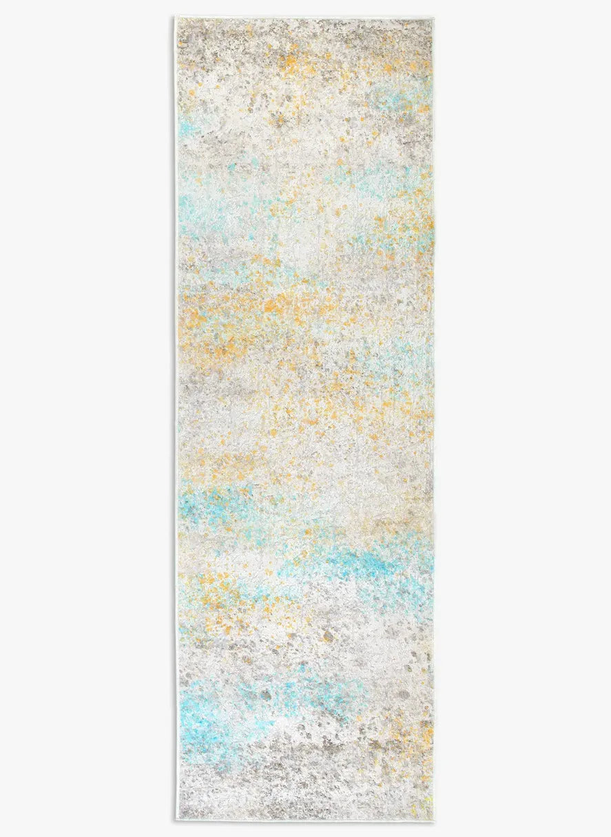 Tappeto Fioralys bouclé 3D 80×250 cm con sfumature avorio, sabbia, grigio chiaro, senape e turchese visto dall’alto.