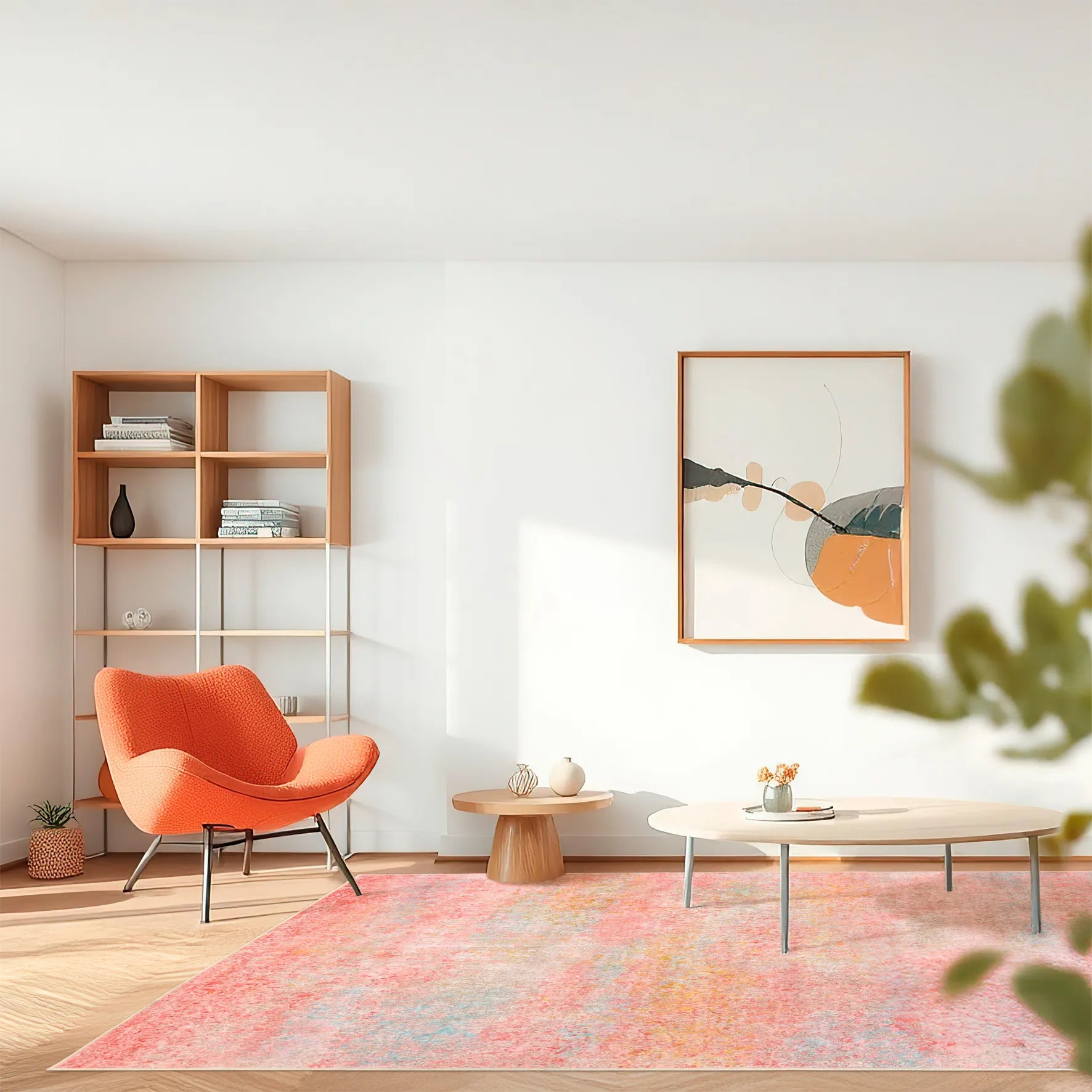 Tappeto Fiorith bouclé 3D 200×290 cm in soggiorno moderno, palette rosa e azzurro.