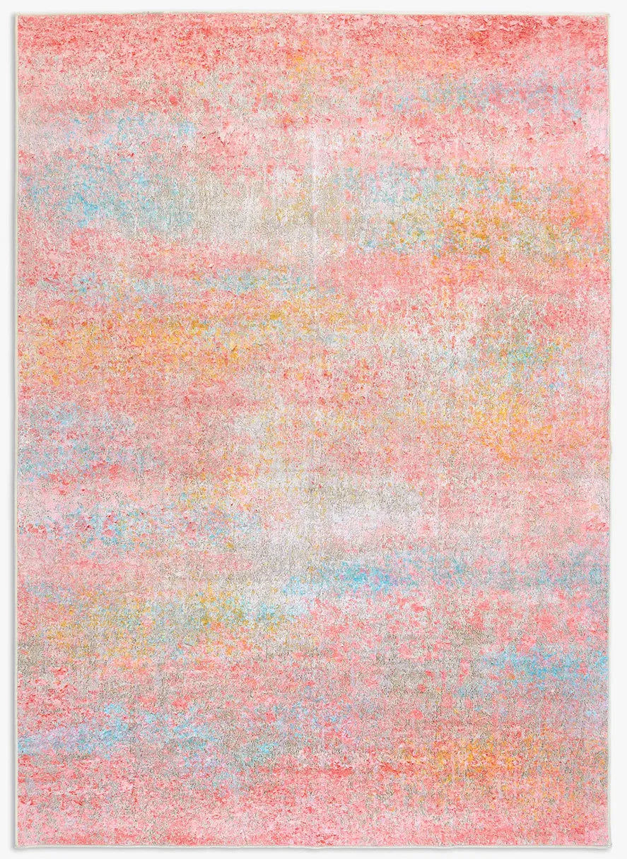 Tappeto Fiorith bouclé 3D 200×290 cm con sfumature rosa corallo, azzurro, senape e avorio visto dall’alto.