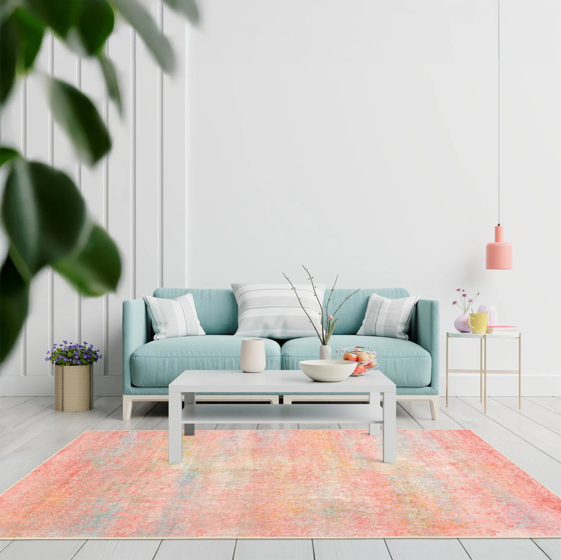 Tappeto Fiorith bouclé 3D 160×230 cm in living luminoso, toni rosa e azzurro.