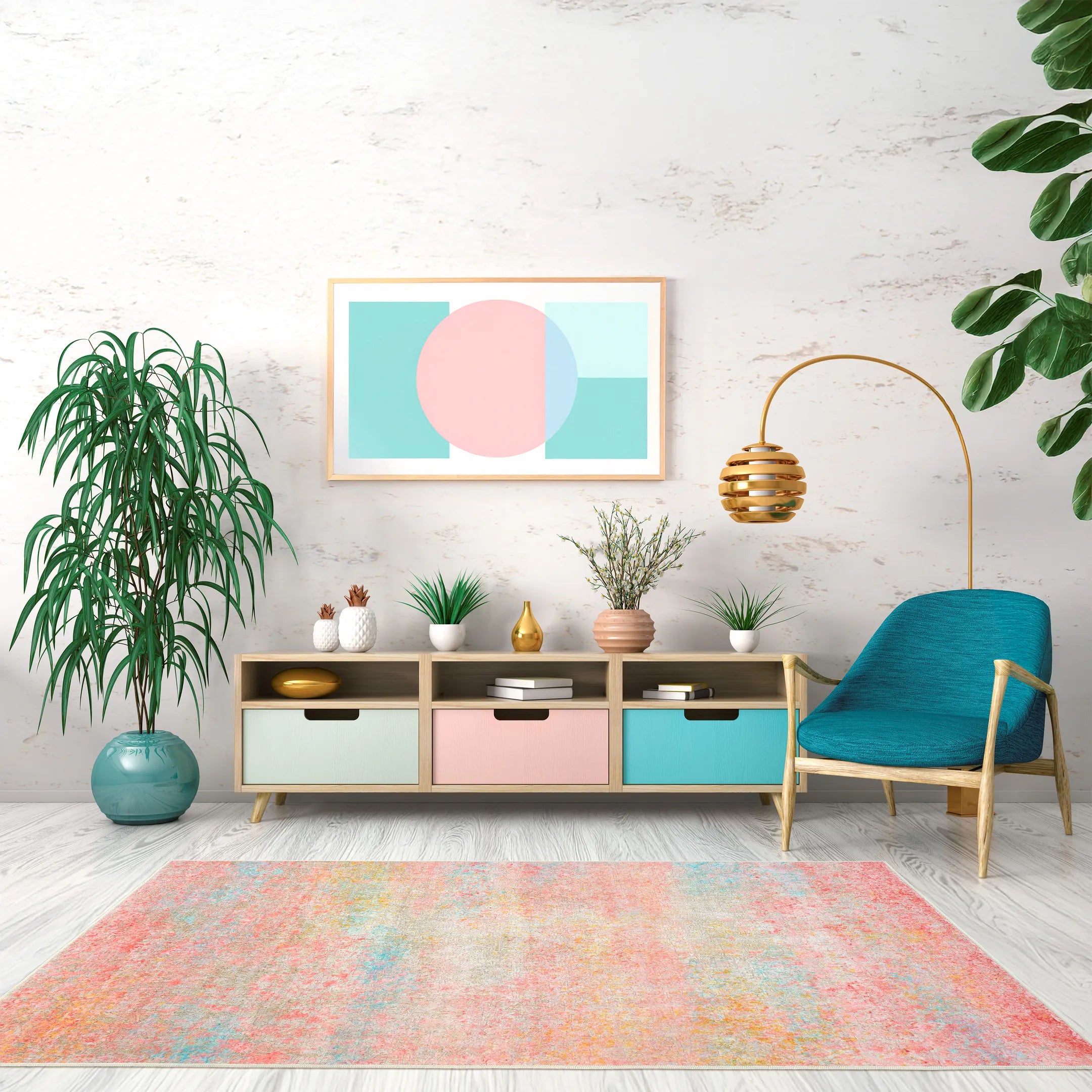 Tappeto Fiorith bouclé 3D 130×190 cm in ambiente moderno, mix rosa e avorio.