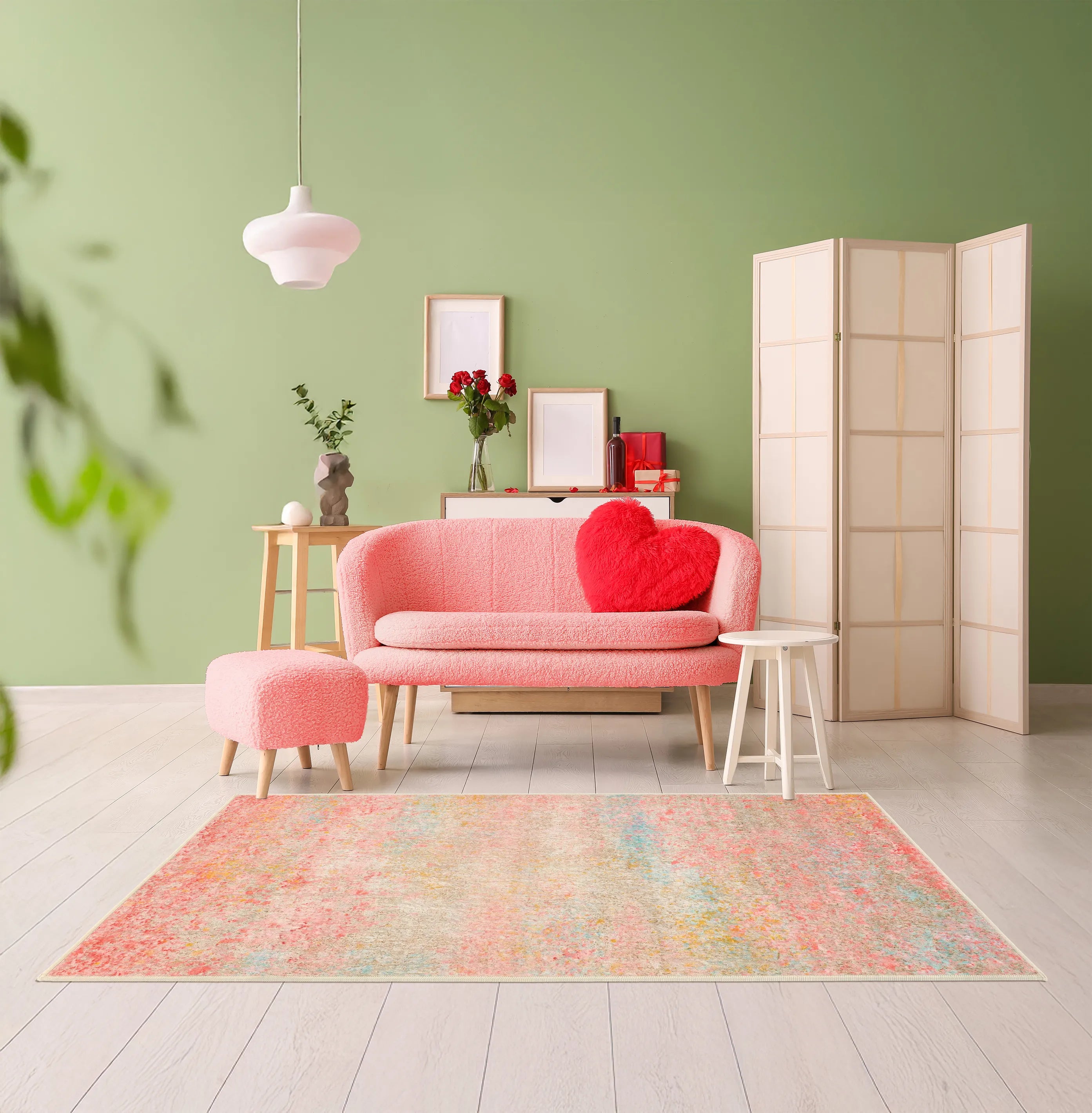 Tappeto Fiorith bouclé 3D 80×150 cm in corridoio o ingresso, colori rosa e avorio.