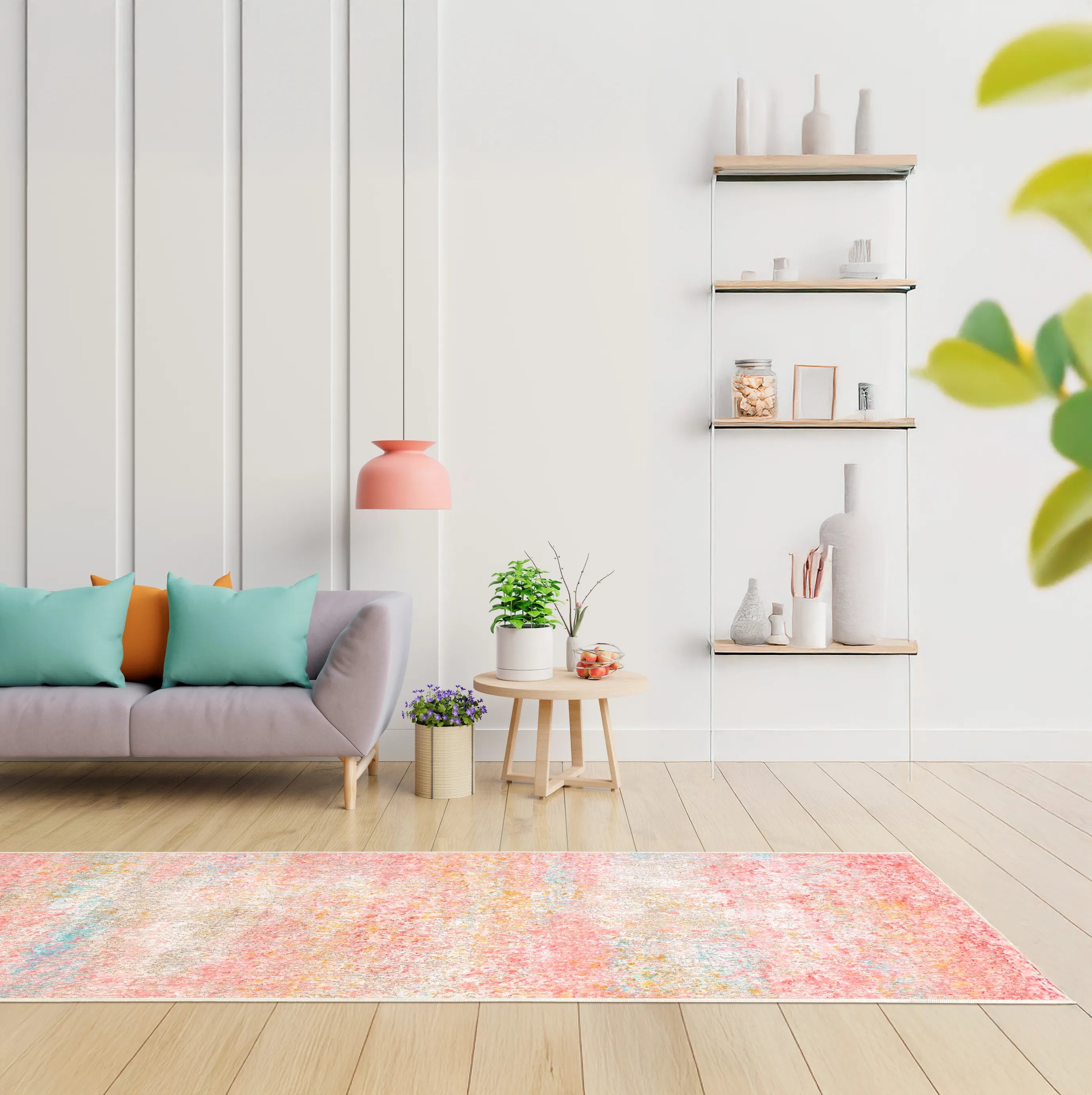 Tappeto Fiorith bouclé 3D 80×250 cm posato in corridoio moderno, palette morbida rosa e azzurro.