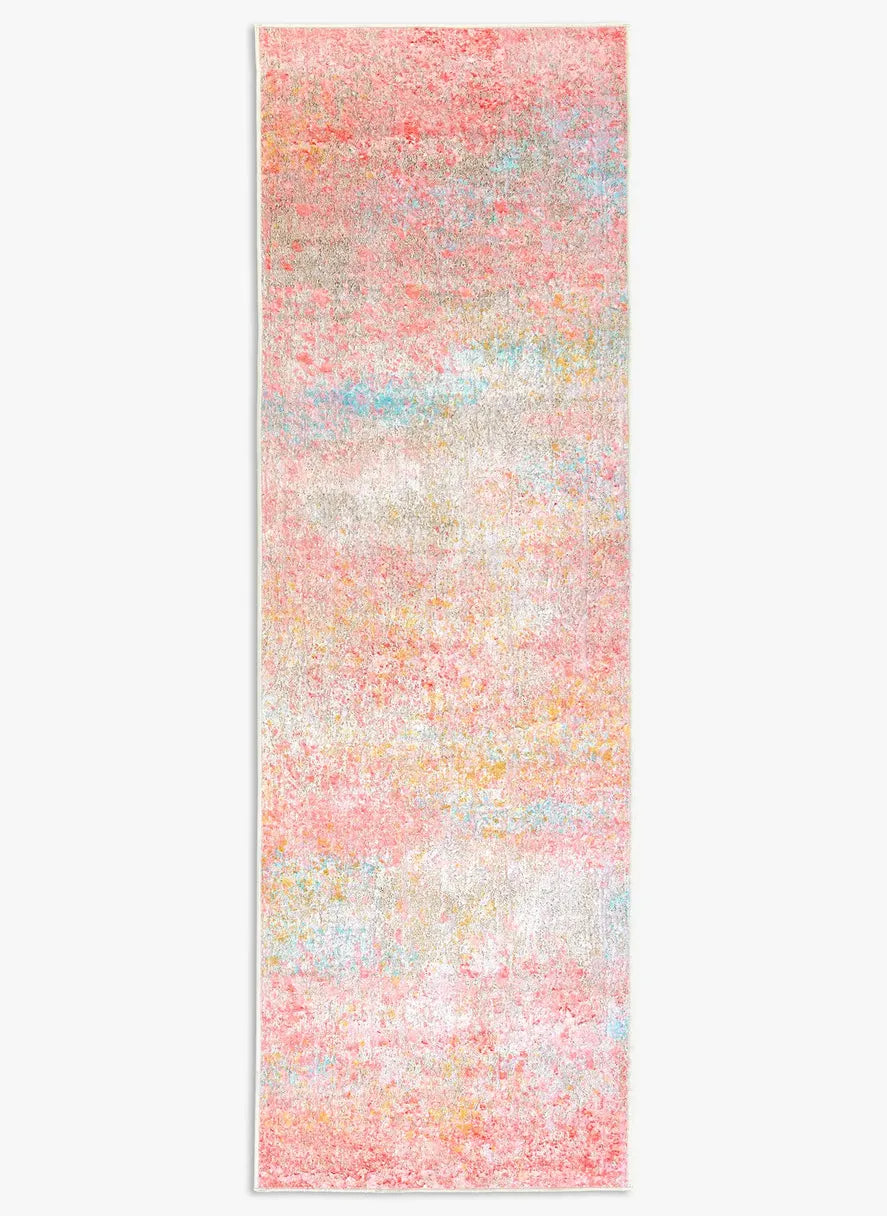 Tappeto Fiorith bouclé 3D 80×250 cm con sfumature rosa corallo, azzurro, senape e avorio visto dall’alto.