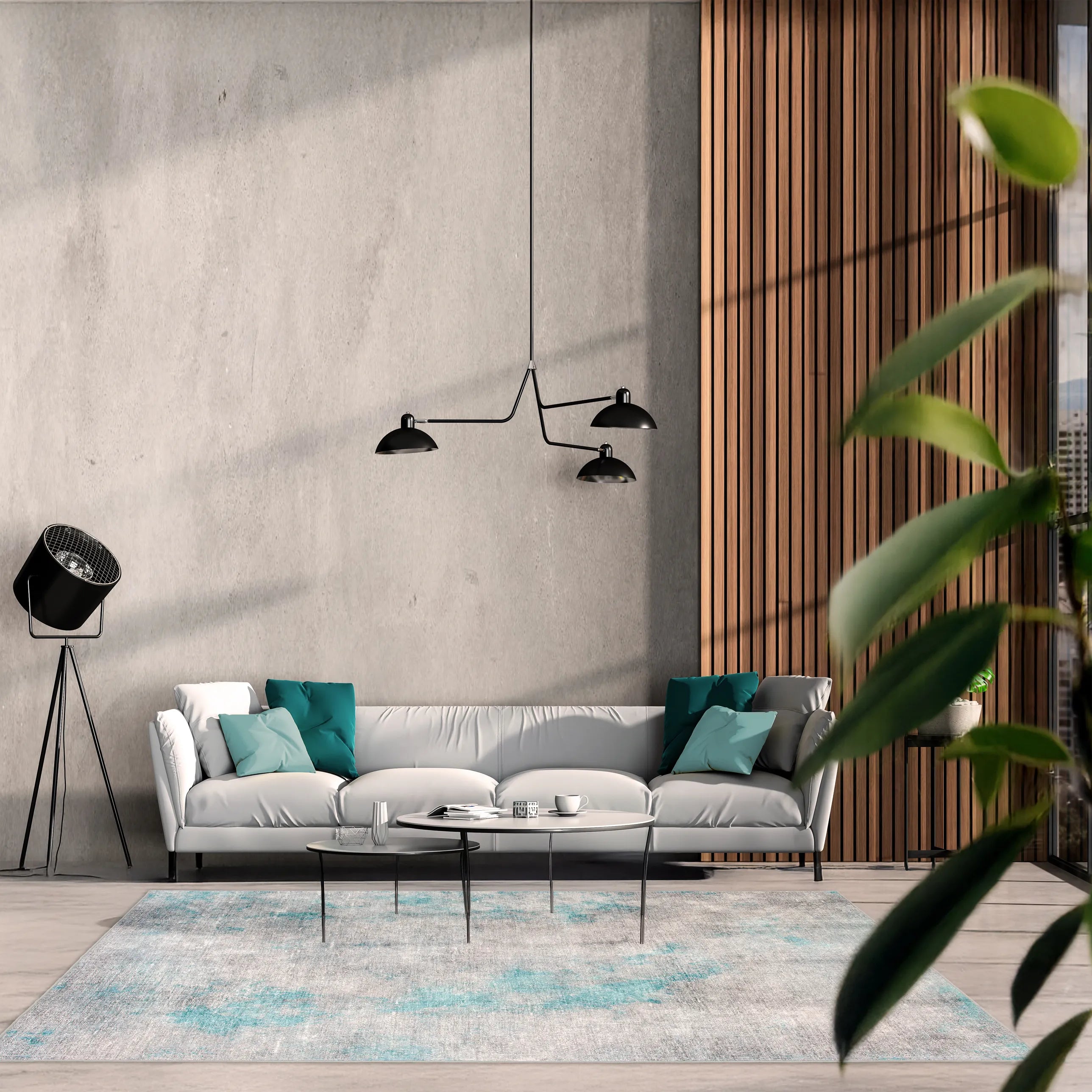 Tappeto Onis Turch bouclé 3D 200×290 cm in soggiorno moderno, palette sabbia e azzurro polvere.