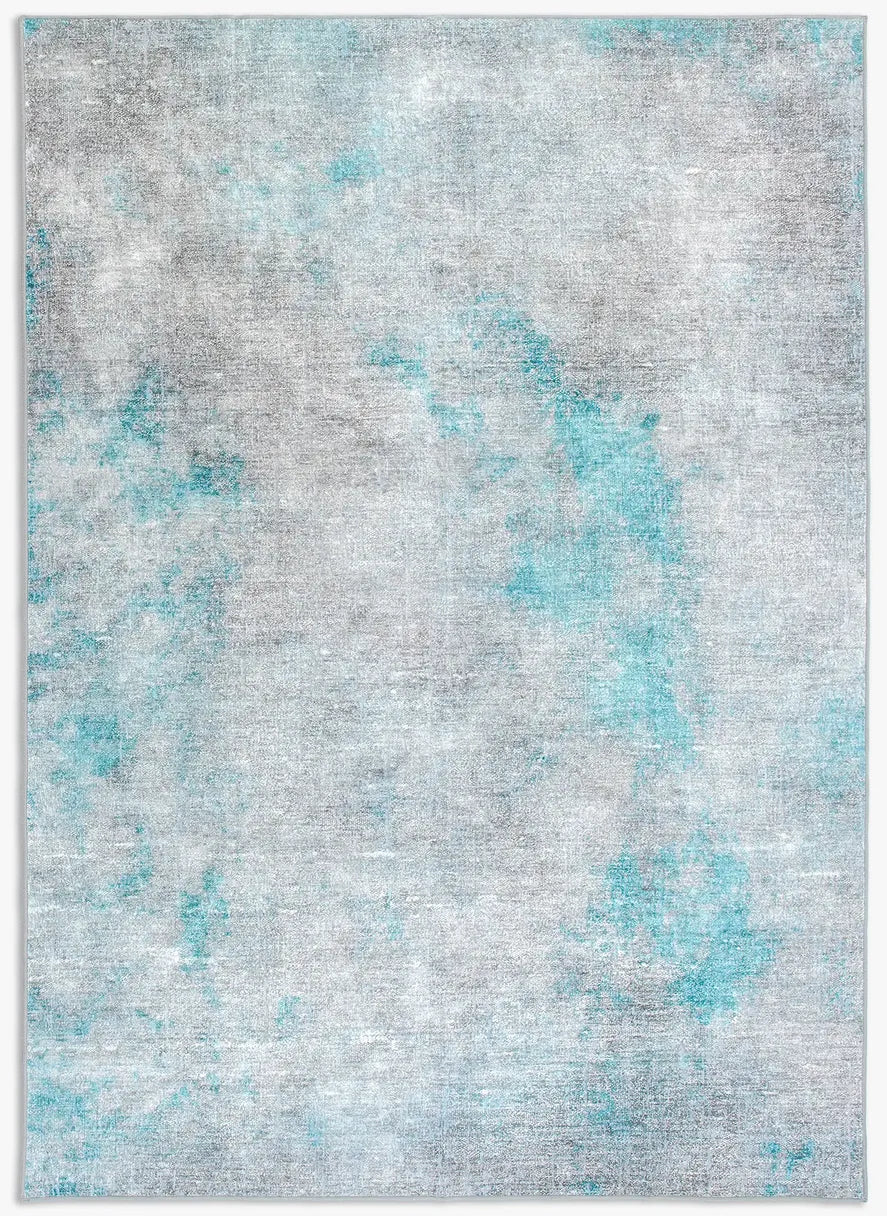 Tappeto Onis Turch bouclé 3D 200×290 cm con onde nei toni sabbia, grigio e azzurro polvere visto dall’alto.