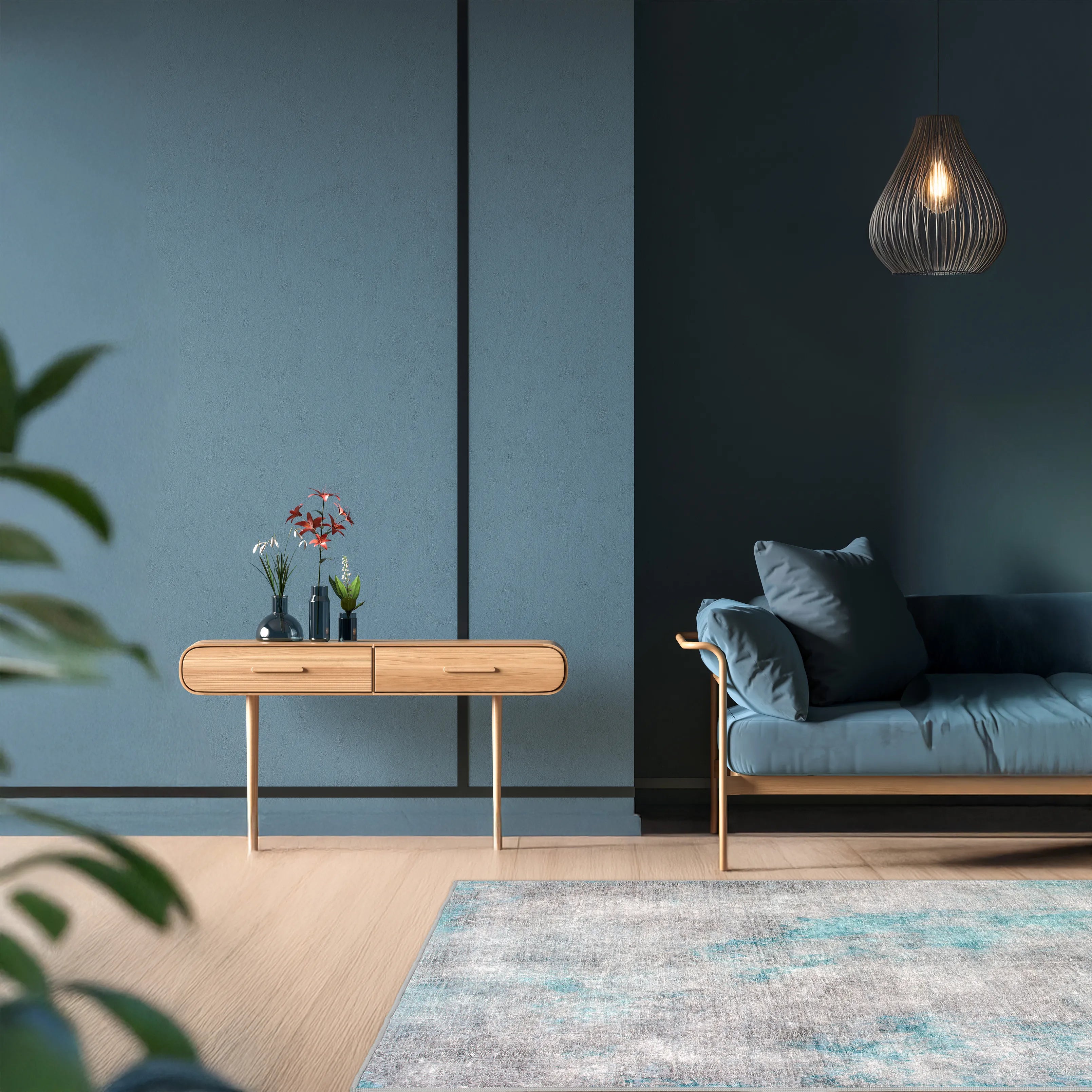 Tappeto Onis Turch bouclé 3D 160×230 cm in living luminoso, toni neutri e accenti azzurri.