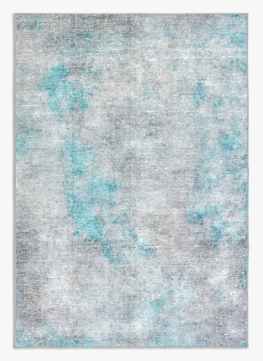 Tappeto Onis Turch bouclé 3D 160×230 cm con onde morbide sabbia, grigio e azzurro polvere visto dall’alto.