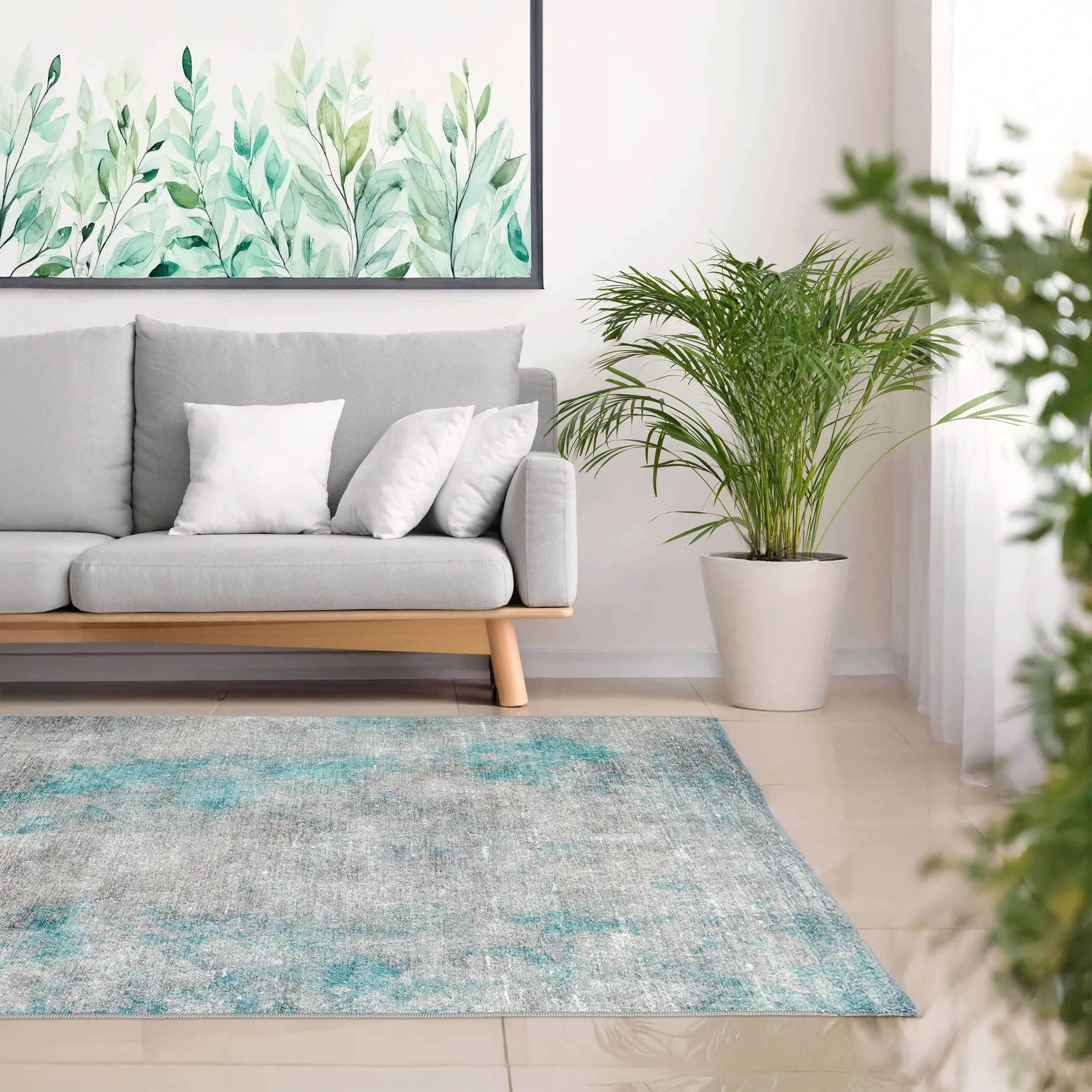 Tappeto Onis Turch bouclé 3D 130×190 cm ambientato in salotto moderno, palette morbida sabbia e azzurro.