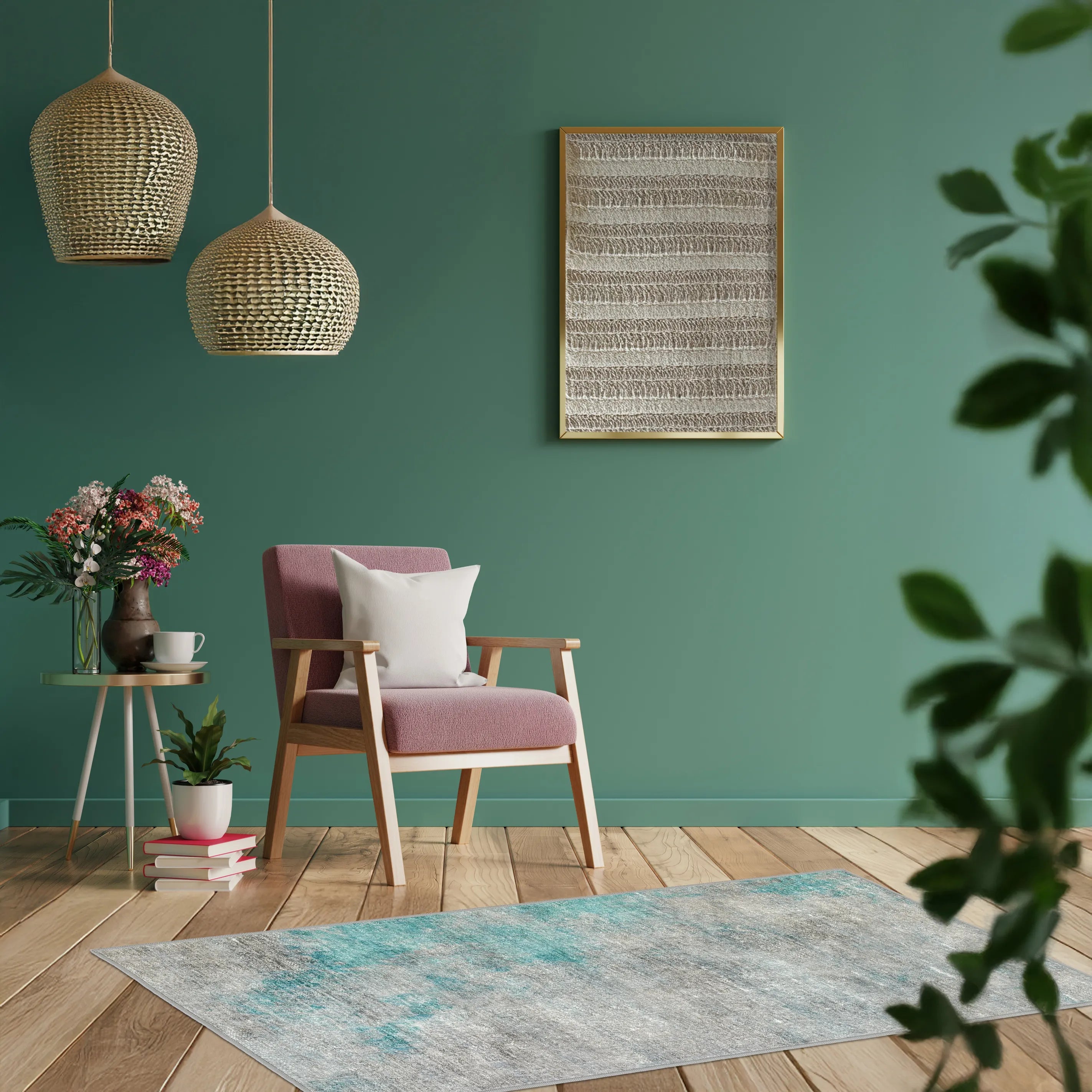 Tappeto Onis Turch bouclé 3D 80×150 cm in ingresso moderno, colori neutri con tocchi azzurri.