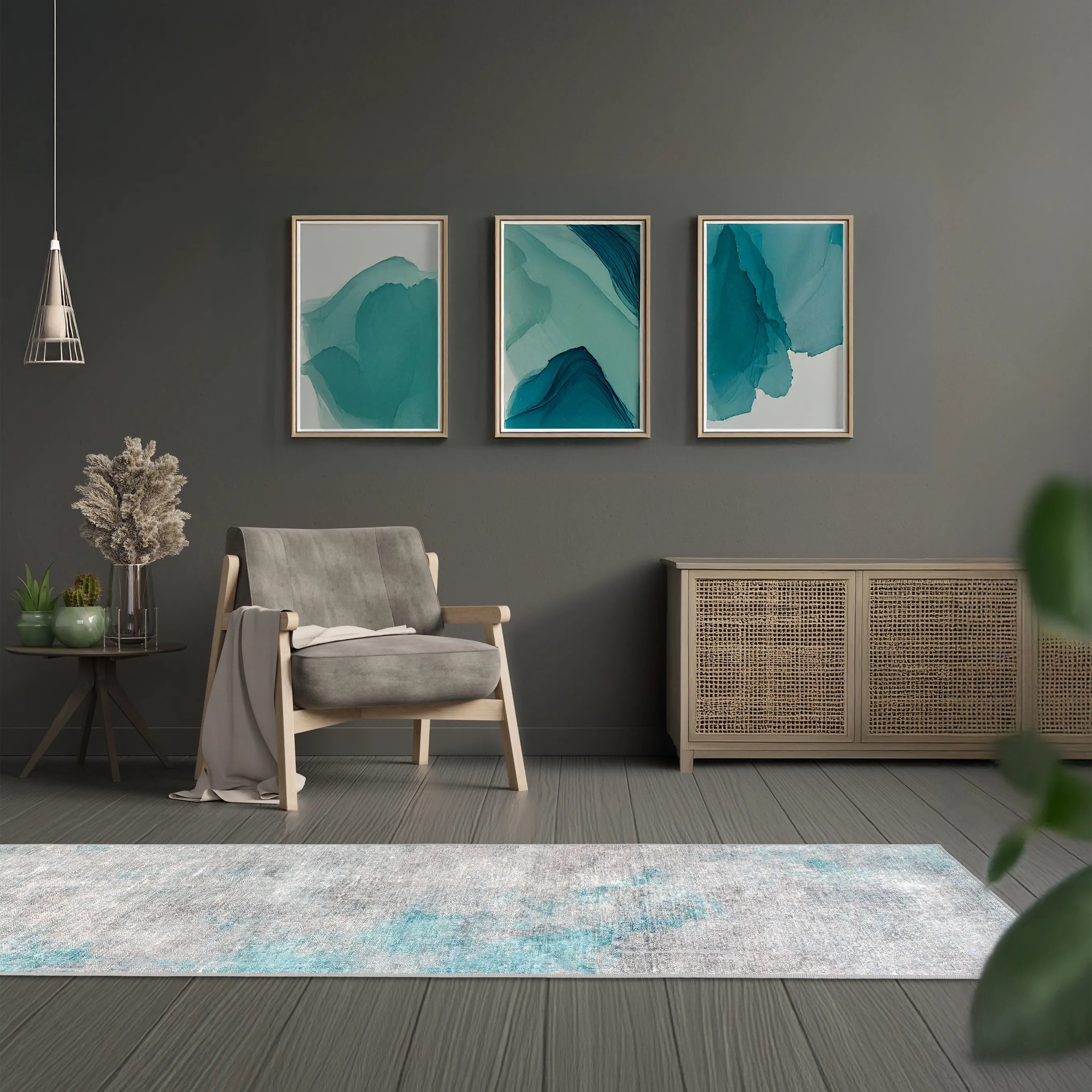 Tappeto Onis Turch bouclé 3D 80×250 cm in corridoio, sfumature sabbia e azzurro.