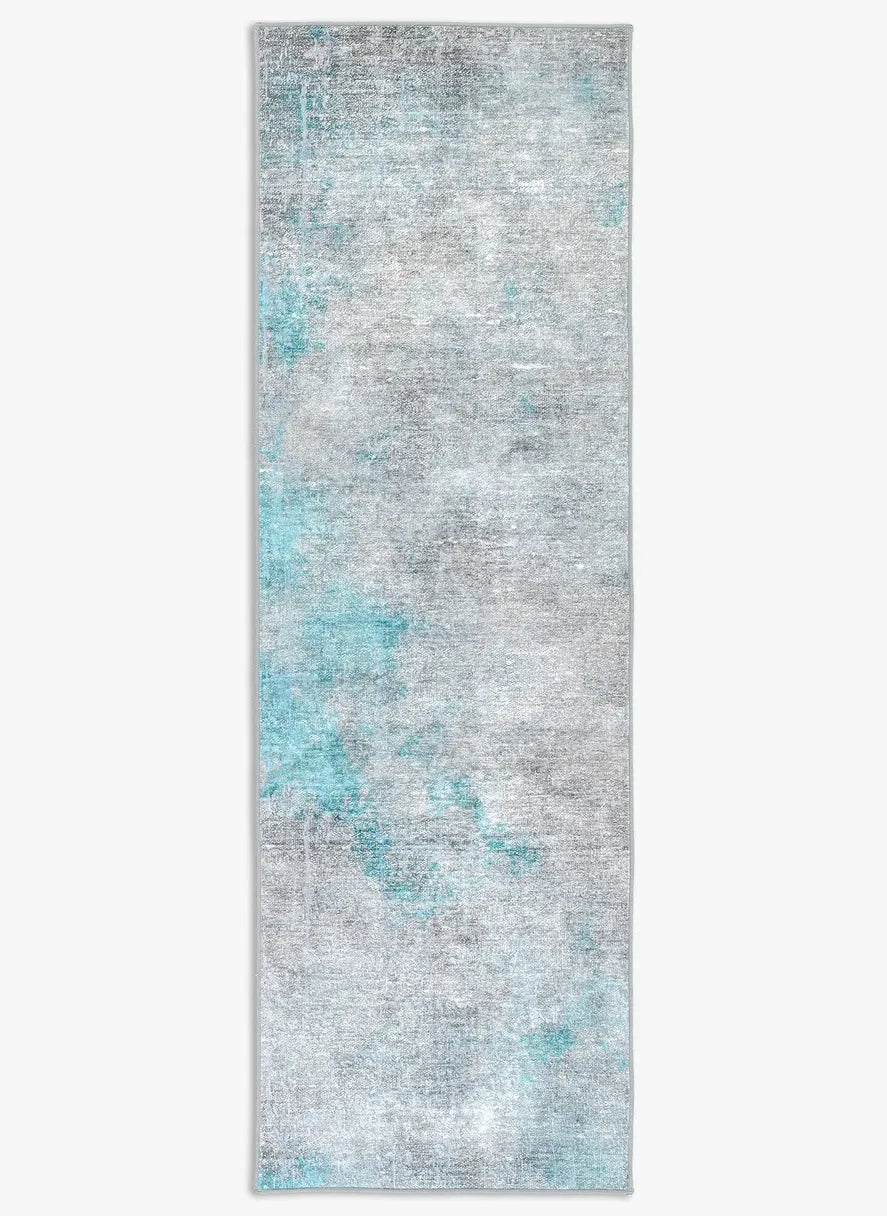 Tappeto Onis Turch bouclé 3D 80×250 cm con pattern ondulato sabbia e azzurro polvere visto dall’alto.