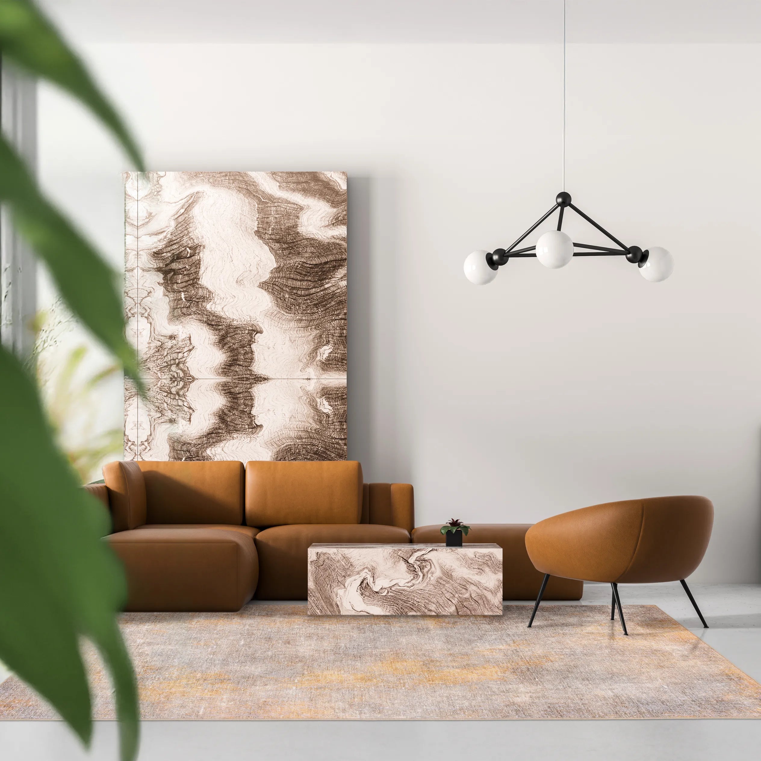 Tappeto Onis Gold bouclé 3D 200×290 cm in soggiorno moderno, colori caldi oro e crema.