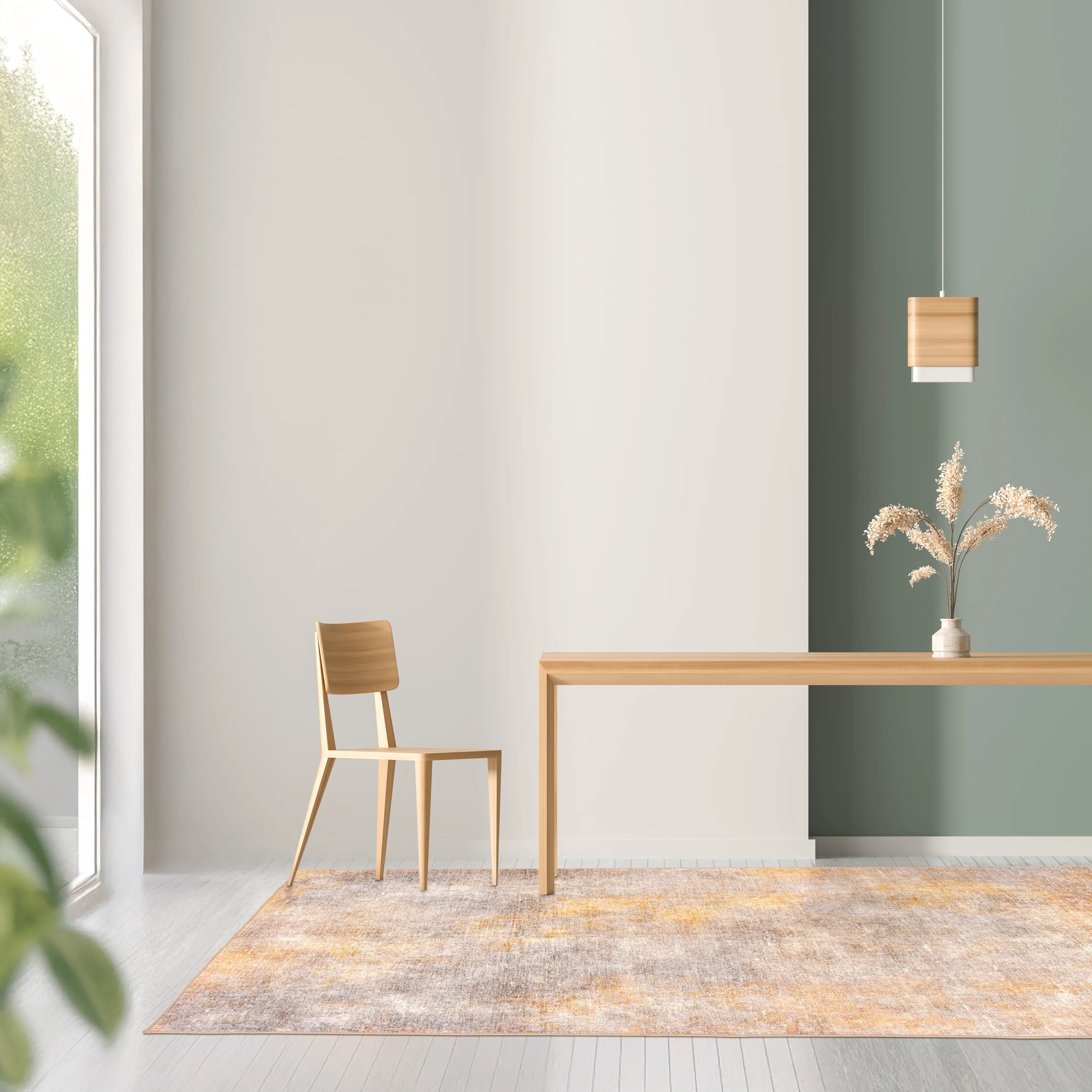 Tappeto Onis Gold bouclé 3D 160×230 cm in living accogliente, palette dorata e neutra.