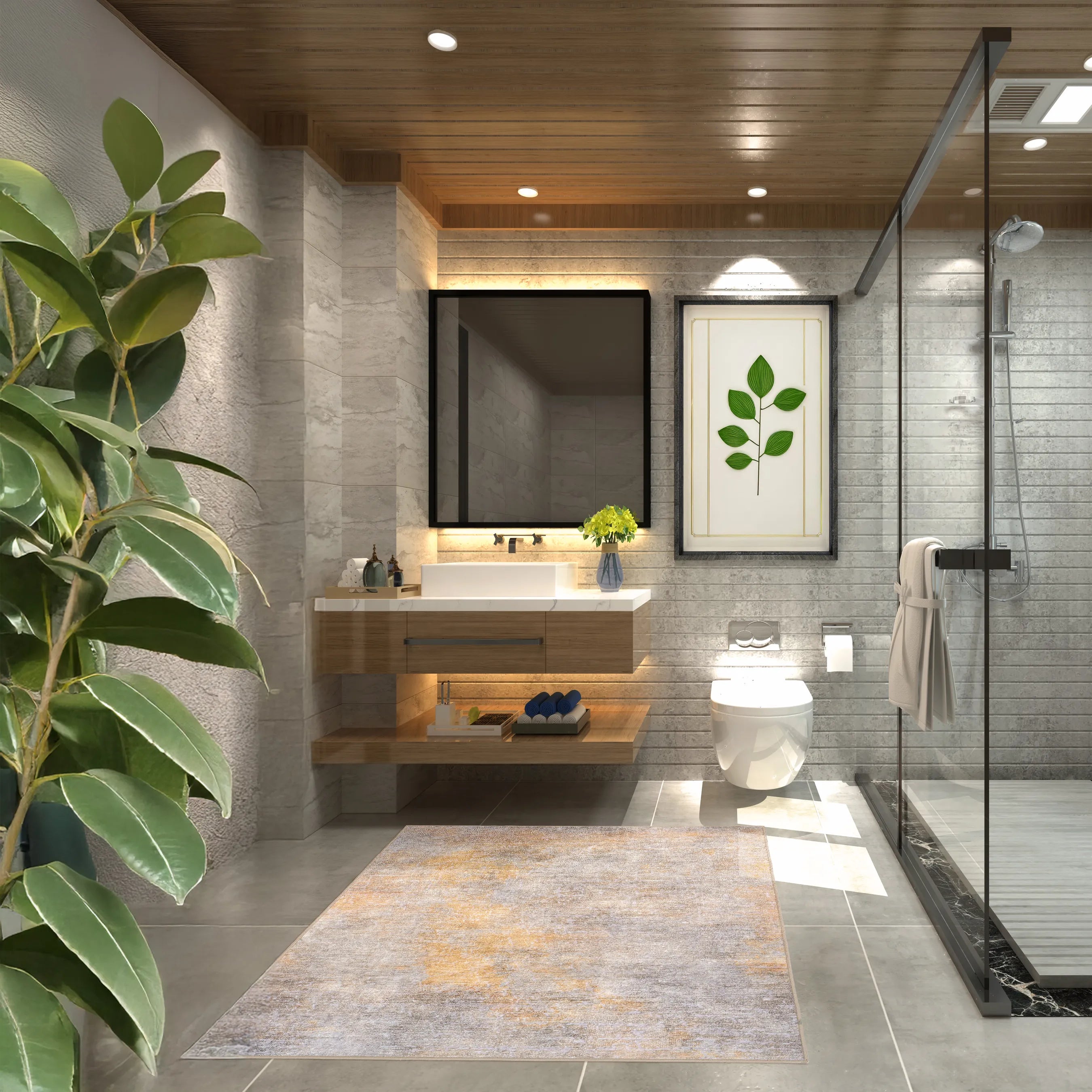 Tappeto Onis Gold bouclé 3D 130×190 cm in ambiente moderno dai toni caldi.