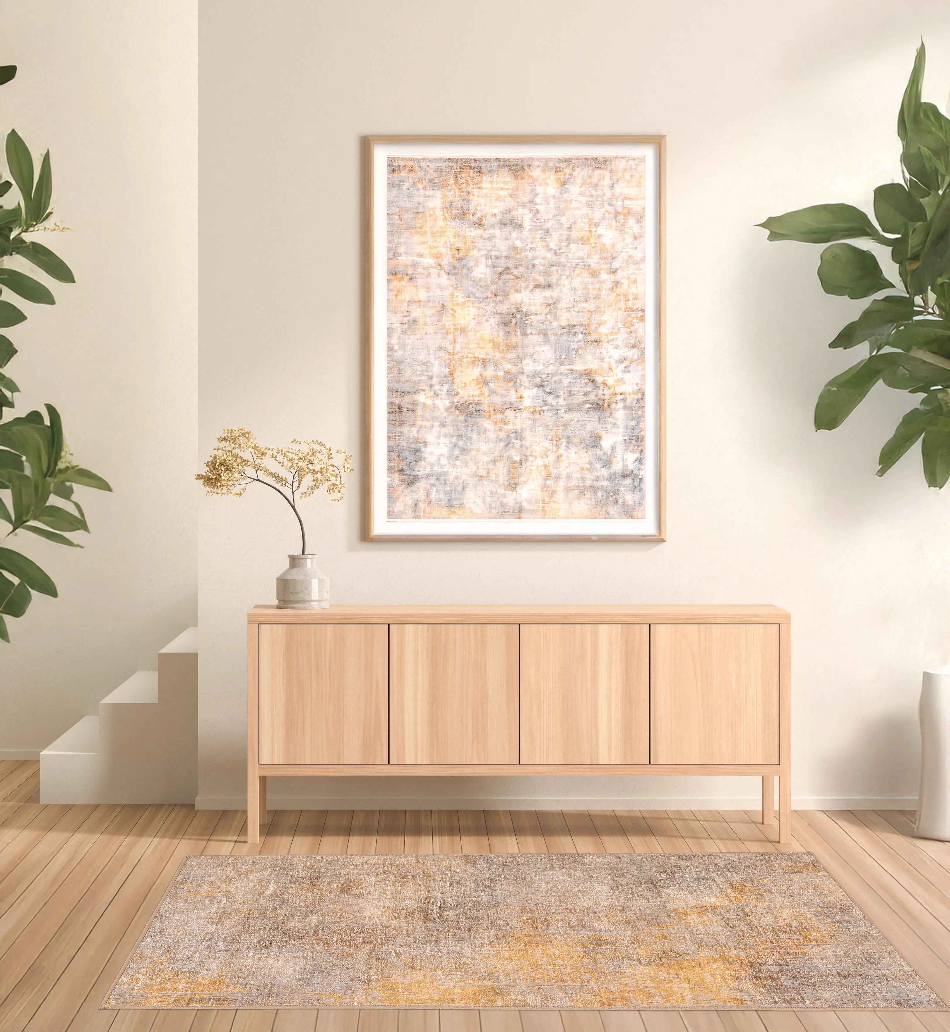 Tappeto Onis Gold bouclé 3D 80×150 cm in ingresso o corridoio, palette naturale e dorata.