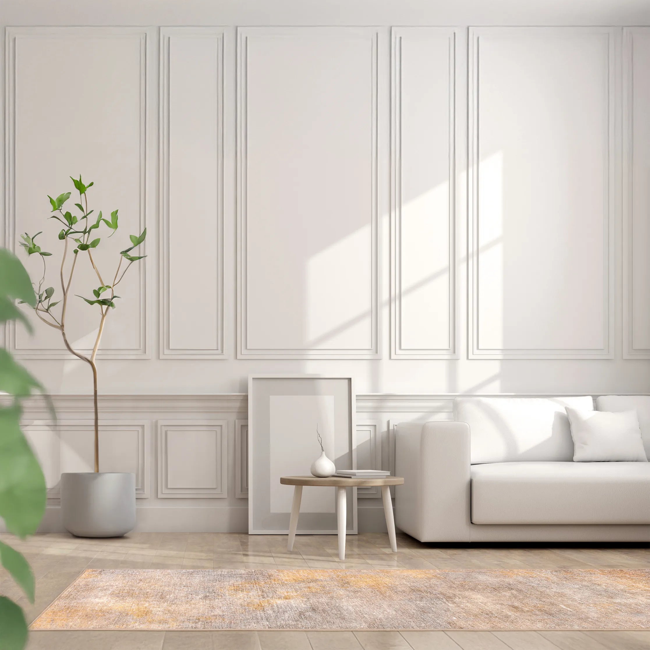 Tappeto Onis Gold bouclé 3D 80×250 cm ambientato in corridoio moderno, toni dorati e neutri.