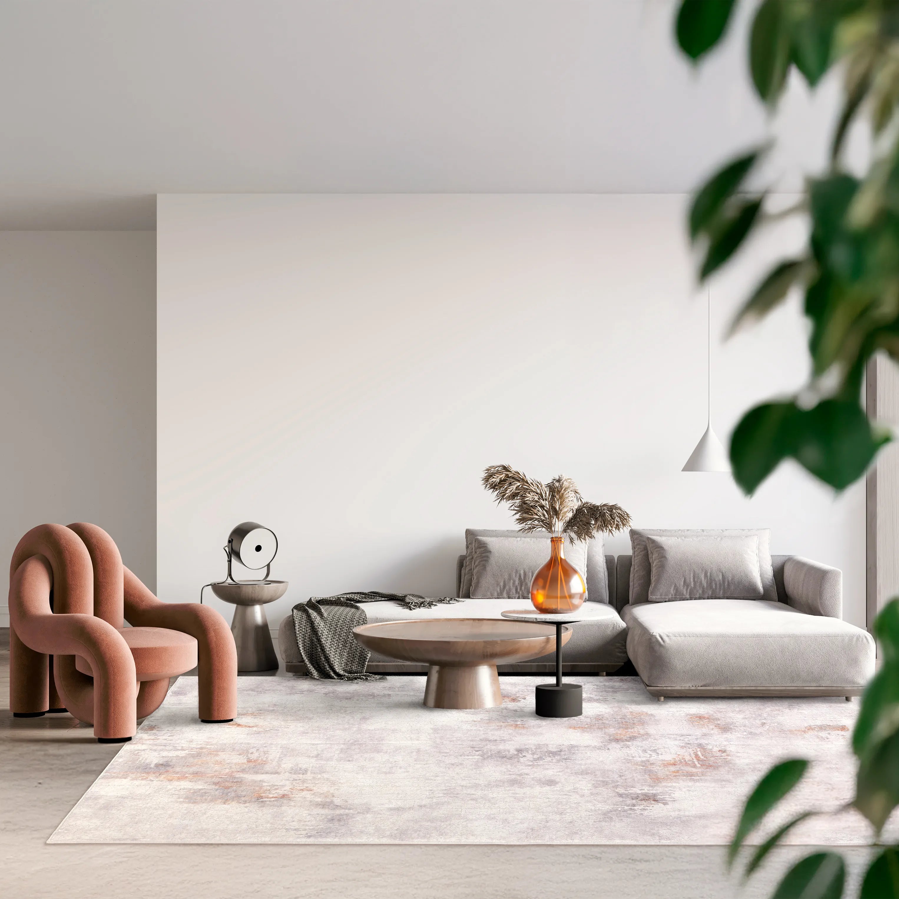 Tappeto Jorg Rust bouclé 3D 200×290 cm in soggiorno moderno, palette calda ruggine e sabbia.