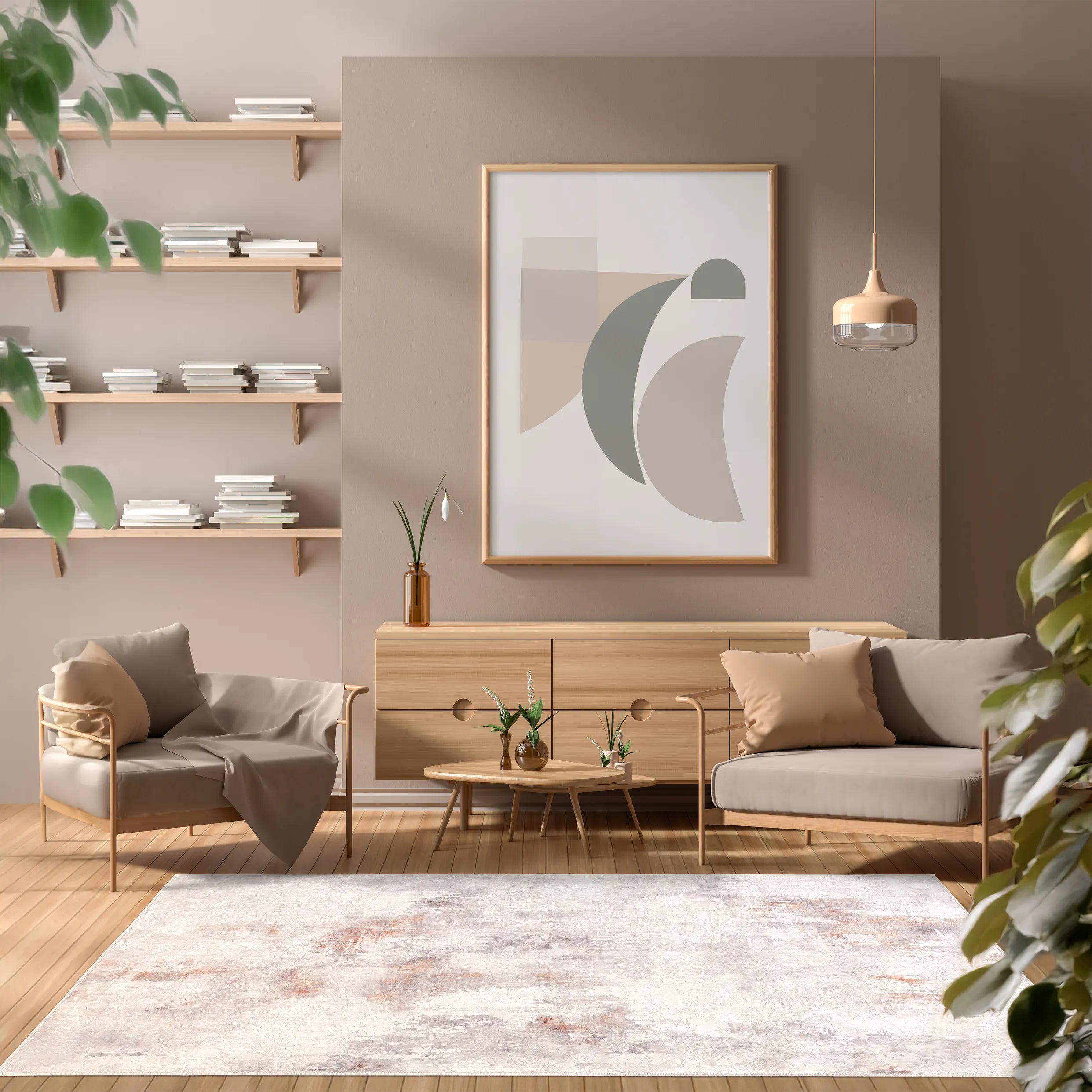 Tappeto Jorg Rust bouclé 3D 160×230 cm in living luminoso, toni terracotta e neutri.