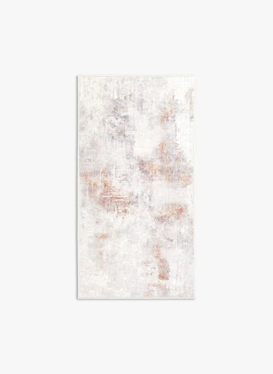 Tappeto Jorg Rust bouclé 3D 80×150 cm con sfumature ruggine, beige e grigio visto dall’alto.