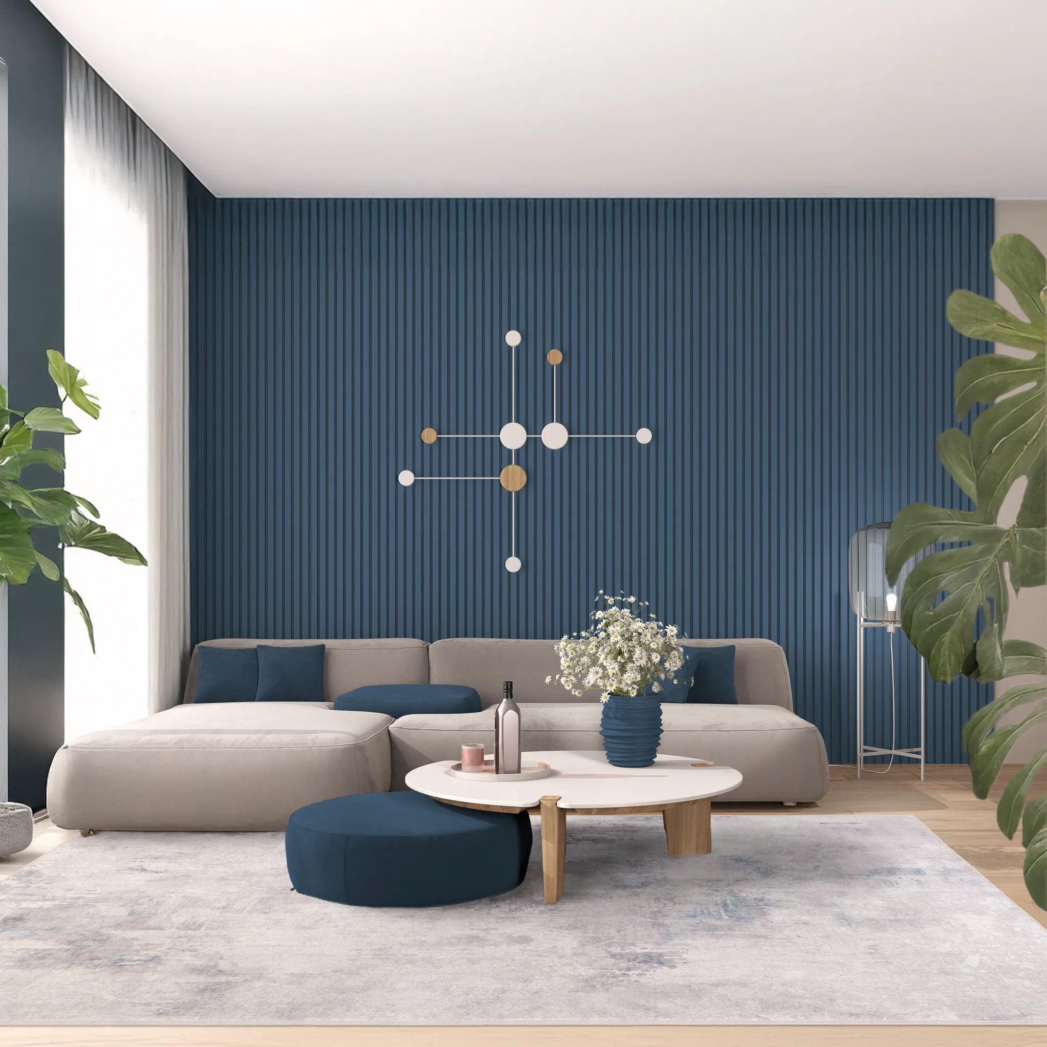 Tappeto Jorg PastBlue bouclé 3D 200×290 cm in soggiorno luminoso, palette fredda azzurro e avorio.