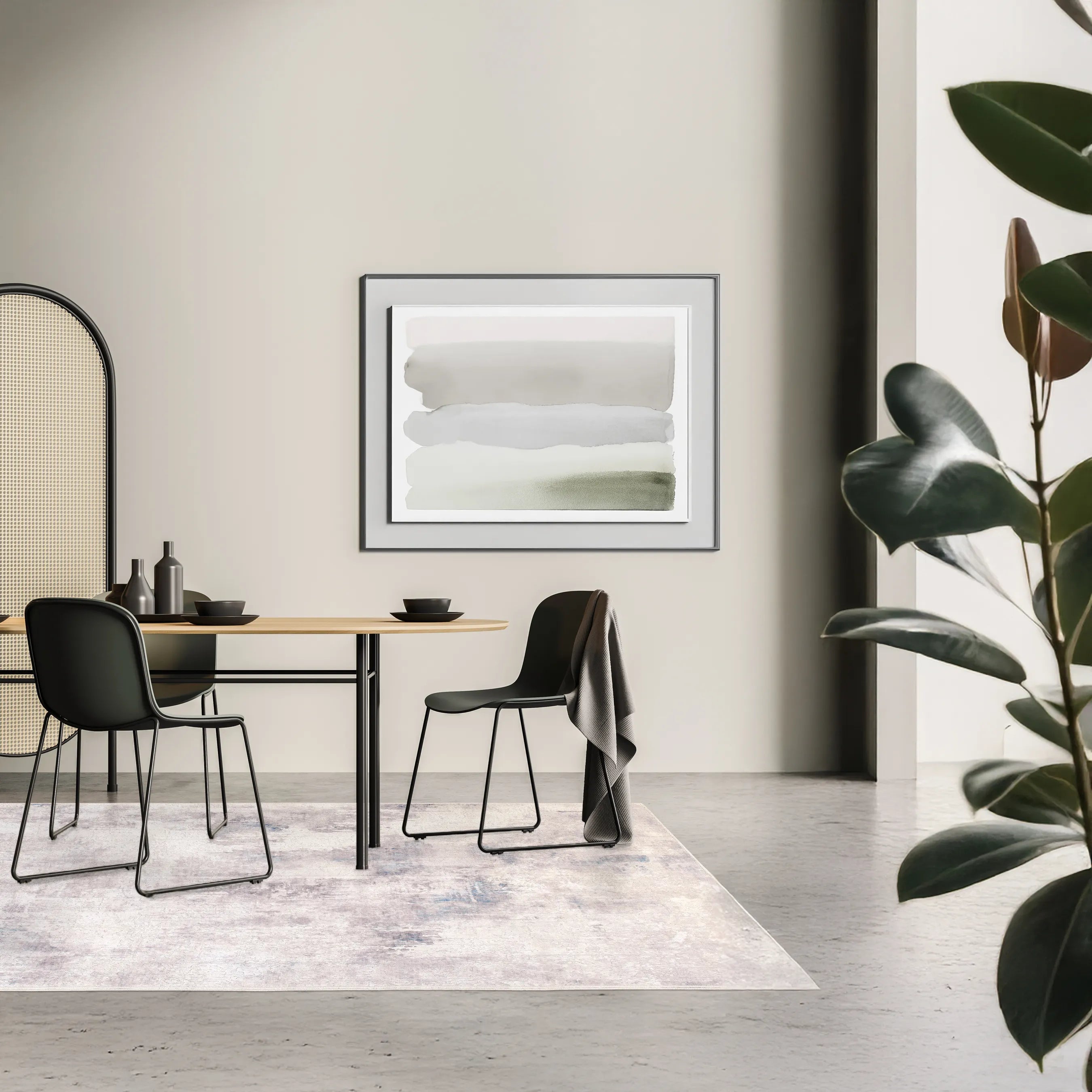 Tappeto Jorg PastBlue bouclé 3D 160×230 cm in living moderno, toni neutri e azzurro freddo.