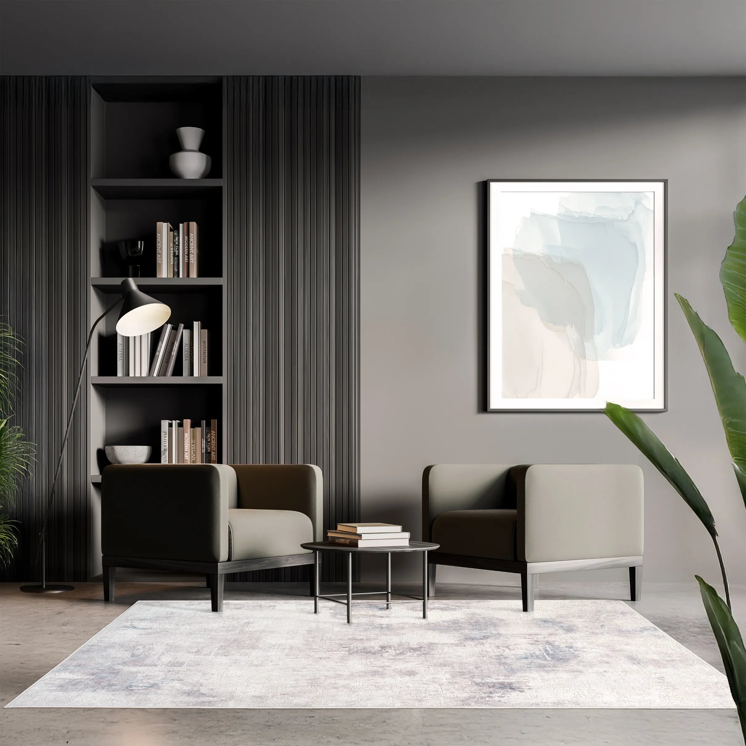 Tappeto Jorg PastBlue bouclé 3D 130×190 cm in ambiente moderno, palette fresca e luminosa.