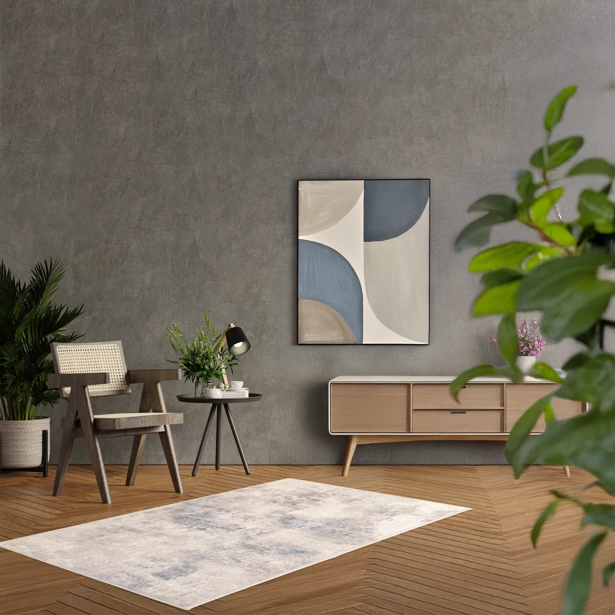 Tappeto Jorg PastBlue bouclé 3D 80×150 cm in ingresso o corridoio, palette fredda e neutra.