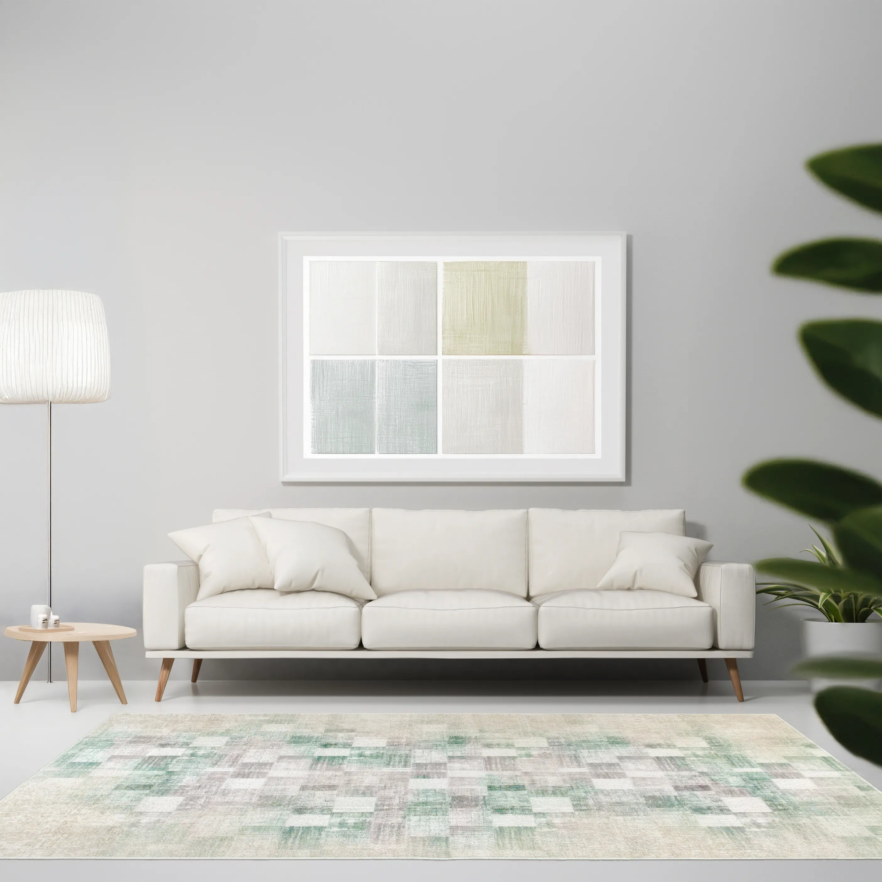 Tappeto Martin LtGreen bouclé 3D 200×290 cm in soggiorno moderno, palette verde salvia e avorio.