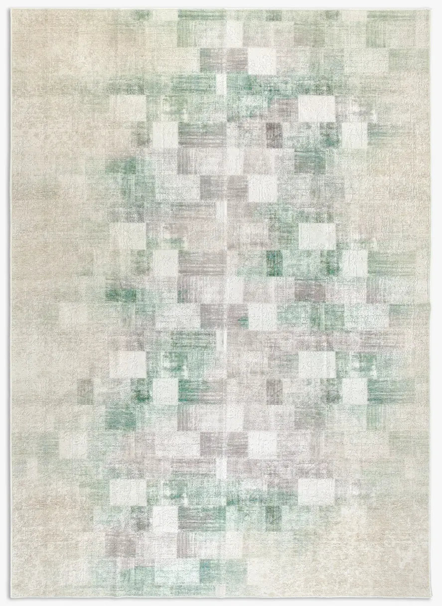 Tappeto Martin Mint Green bouclé 3D 200×290 cm con sfumature verde salvia, avorio e beige sabbia visto dall’alto.