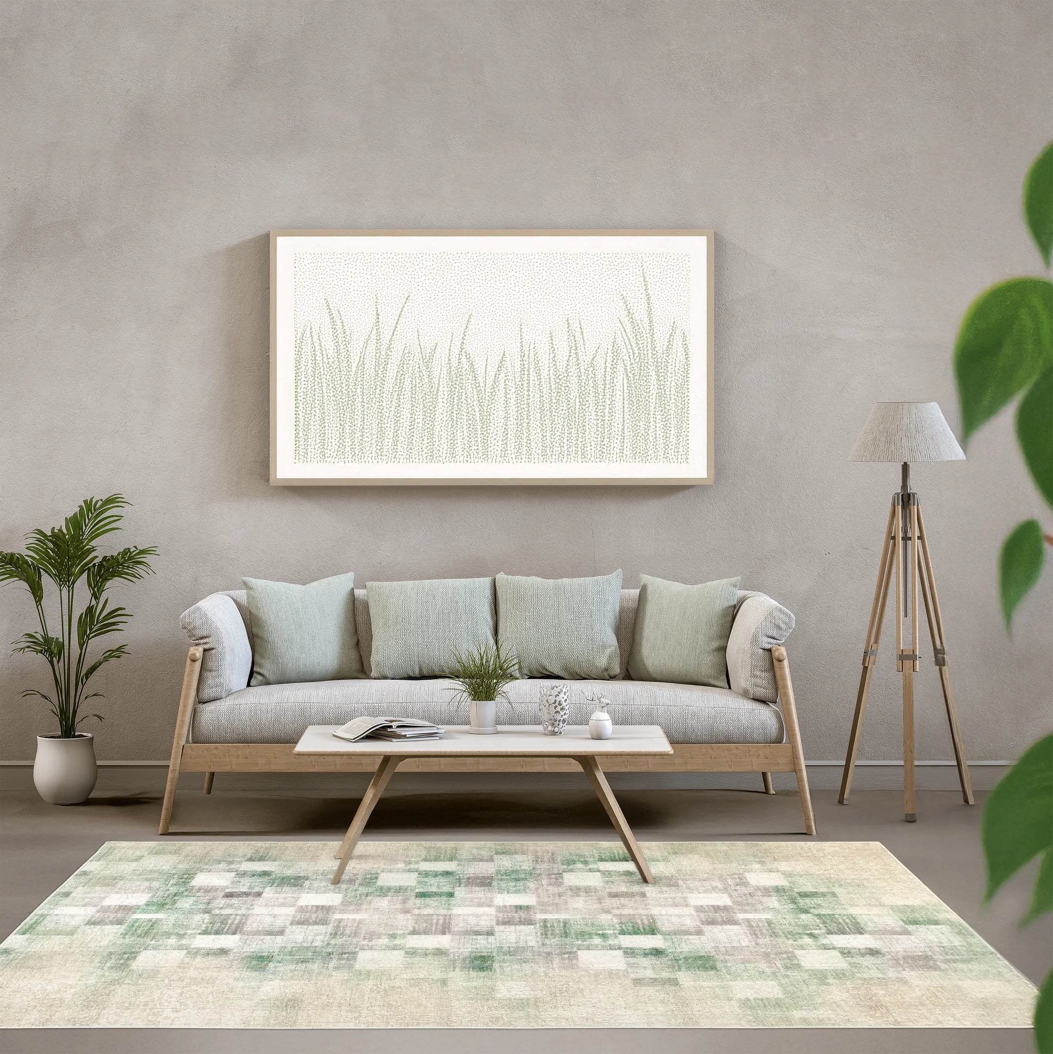 Tappeto Martin LtGreen bouclé 3D 160×230 cm in living luminoso, colori salvia e avorio.