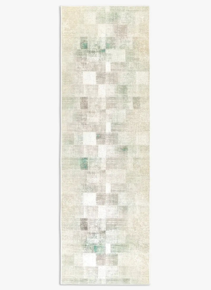 Tappeto Martin LtGreen bouclé 3D 80×250 cm con toni verde salvia e sabbia visto dall’alto.