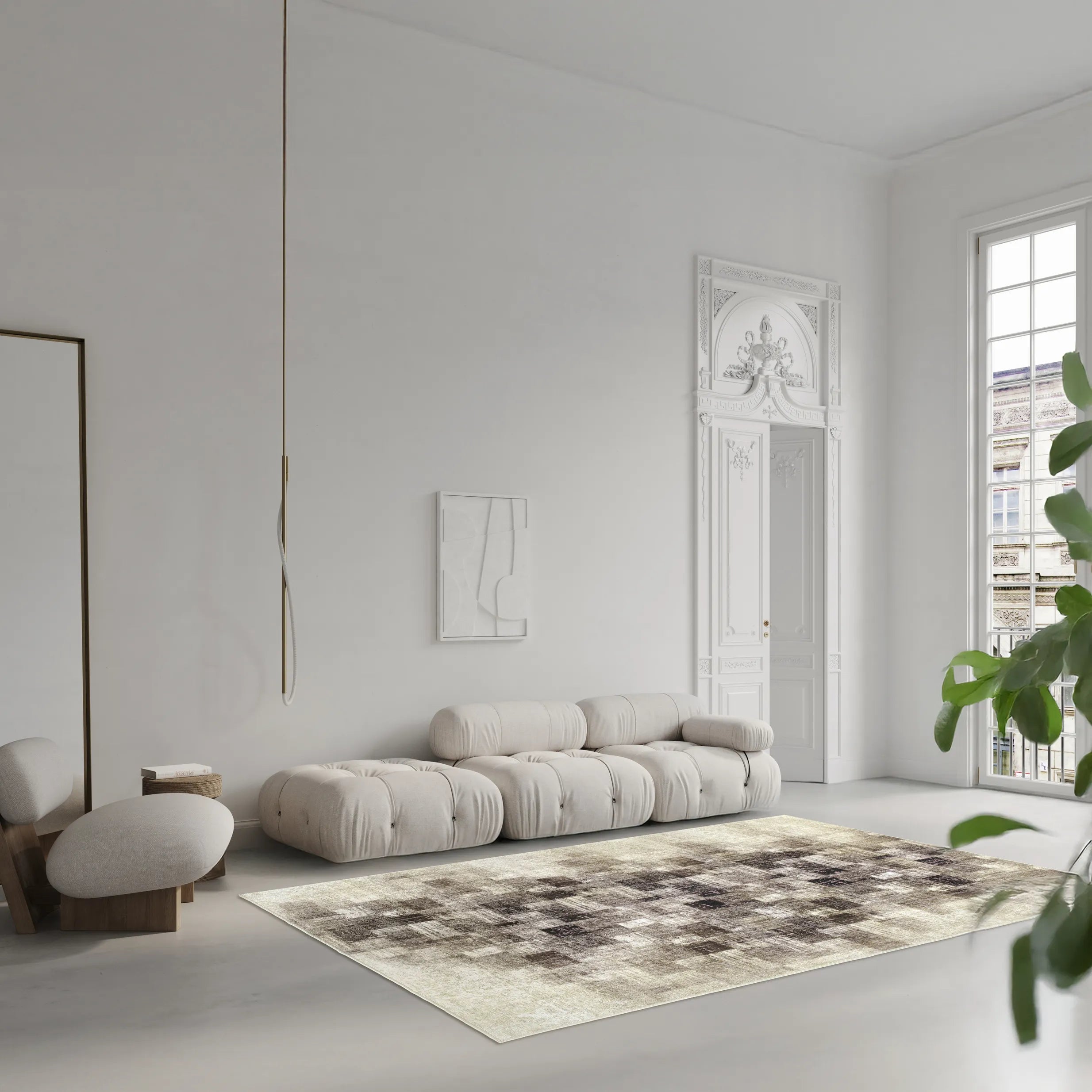 Tappeto Martin Anth bouclé 3D 200×290 cm in soggiorno moderno, palette antracite e crema.