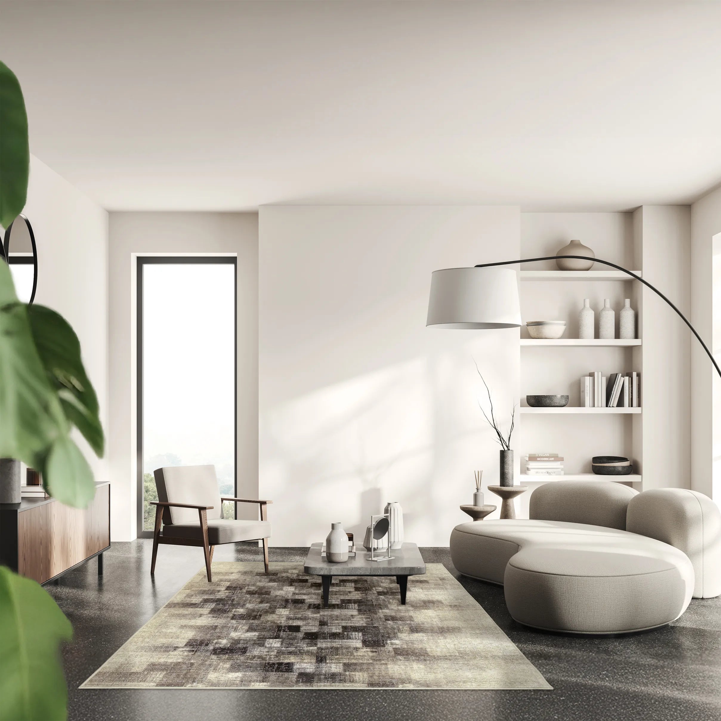 Tappeto Martin Anth bouclé 3D 160×230 cm in living elegante, colori grigio fumo e neutri.