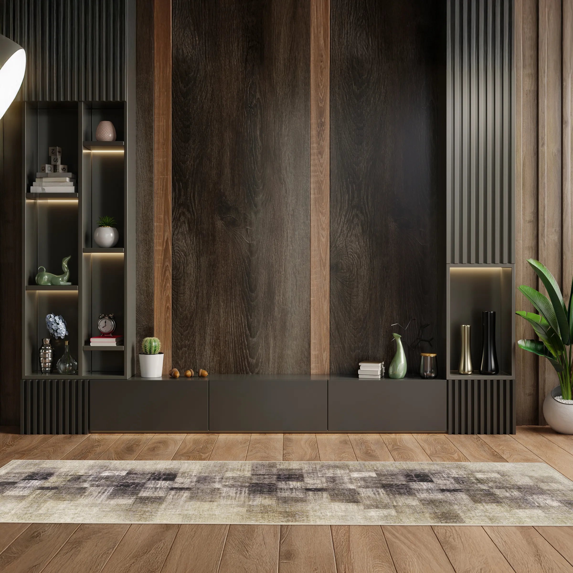 Tappeto Martin Anth bouclé 3D 80×250 cm in corridoio elegante dai toni grigio fumo.