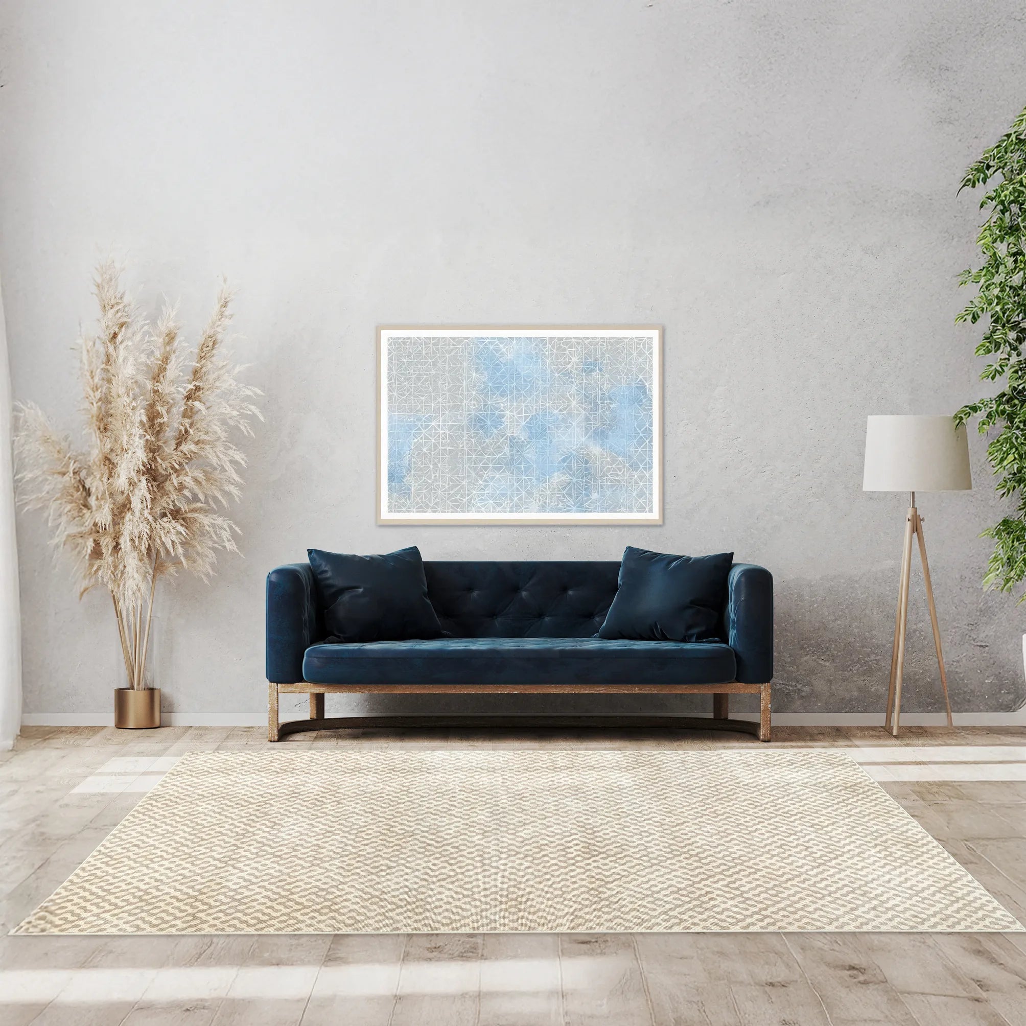 Tappeto Haral 200×290 cm in pelo taftato in soggiorno moderno, palette neutra beige e grigio caldo.