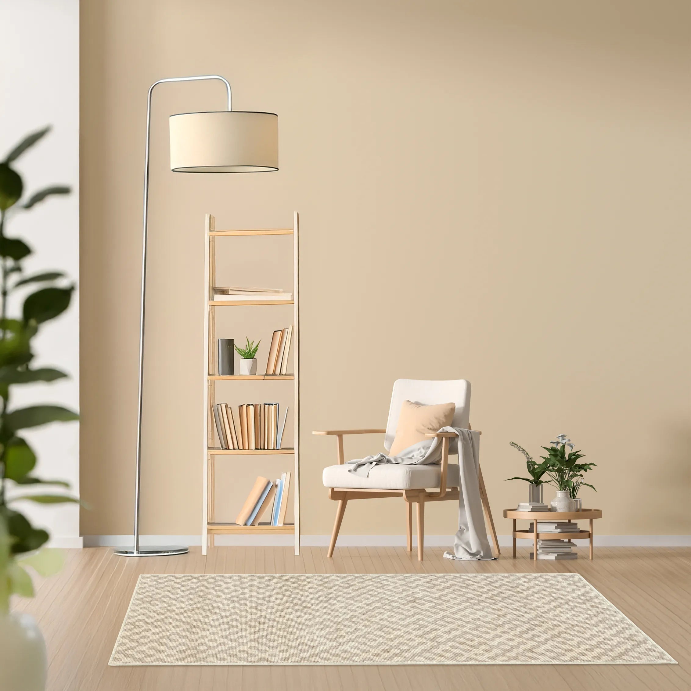 Tappeto Haral 80×150 cm in pelo taftato in area lettura moderna, palette chiara e minimal.