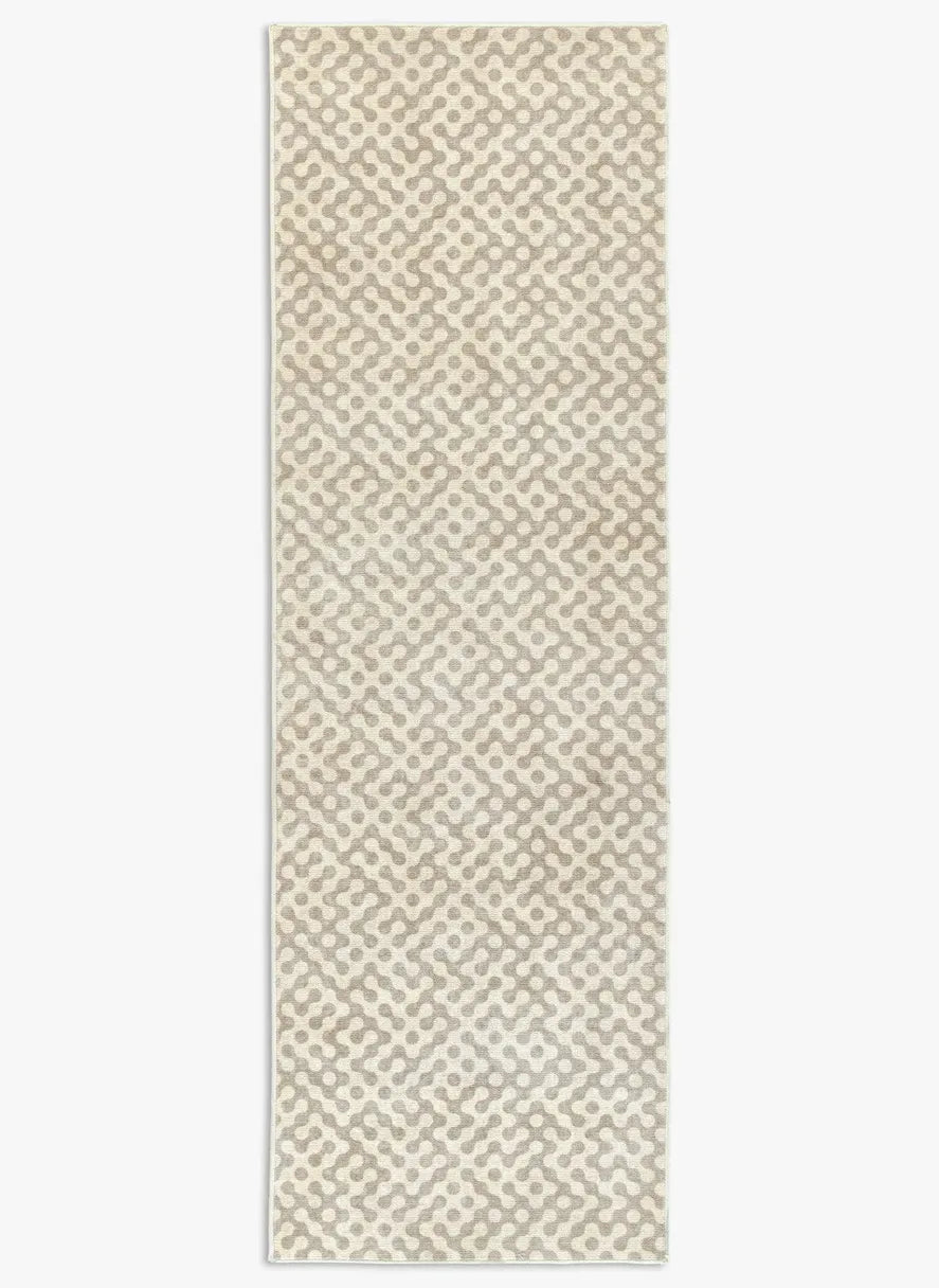 Tappeto Haral 80×250 cm in pelo taftato, toni beige e grigio caldo, visto dall’alto.