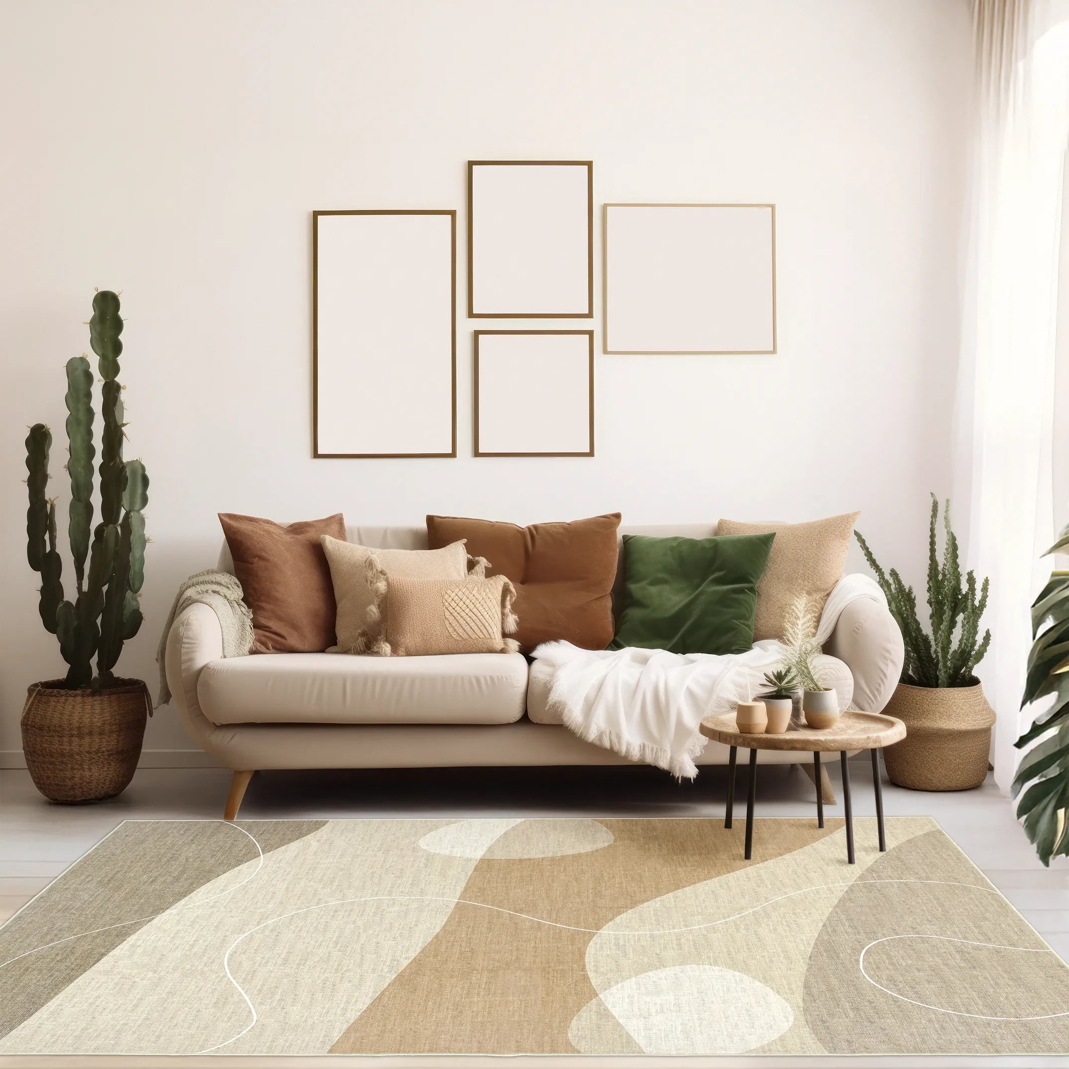 Tappeto Dunis 200x290 cm ambientato in open space moderno, con pattern naturale a onde nei toni sabbia e panna