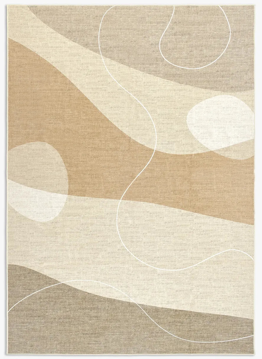 Tappeto Dunis 200x290 cm visto dall’alto, con onde beige, crema e tortora e linee curve bianche in movimento.