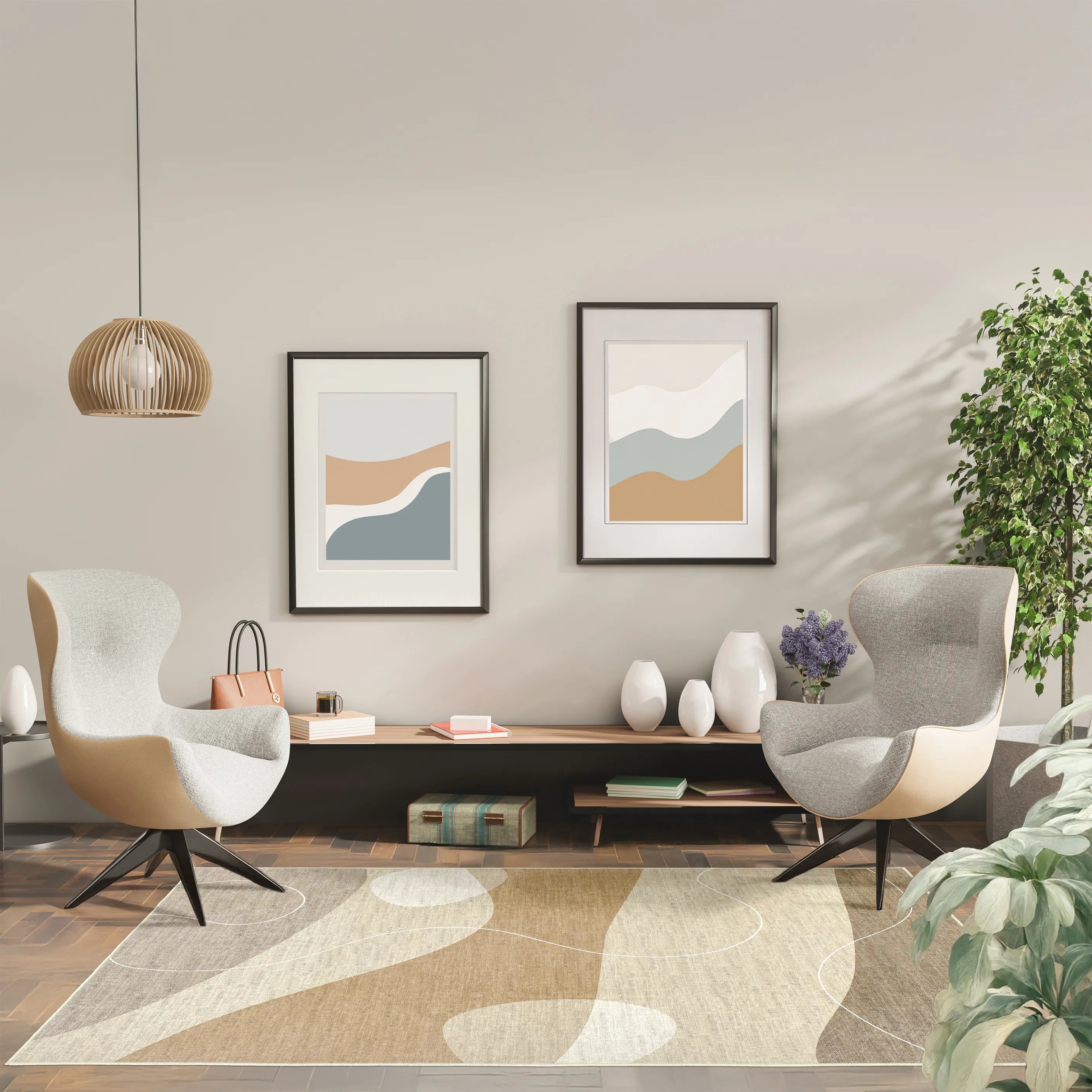 Tappeto Dunis 160x230 cm ambientato in salotto contemporaneo, con design naturale a onde e tonalità calde e neutre.