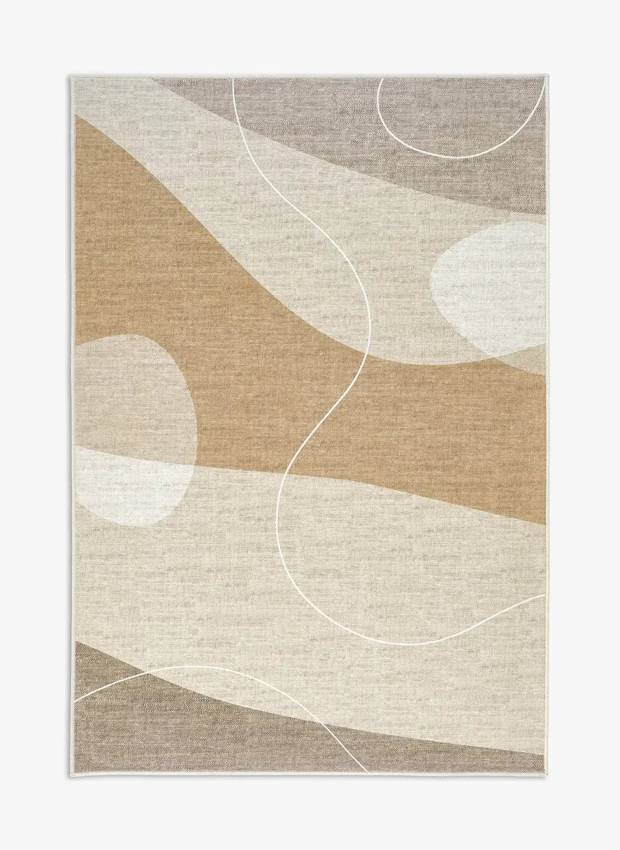 Tappeto Dunis 130x190 cm visto dall’alto, con pattern di onde sovrapposte beige e crema e linee curve bianche